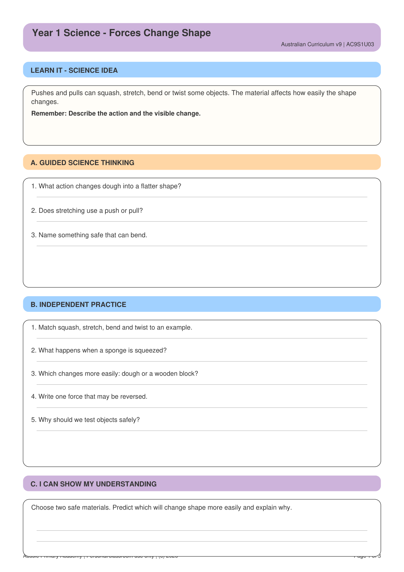 Forces Change Shape worksheet preview