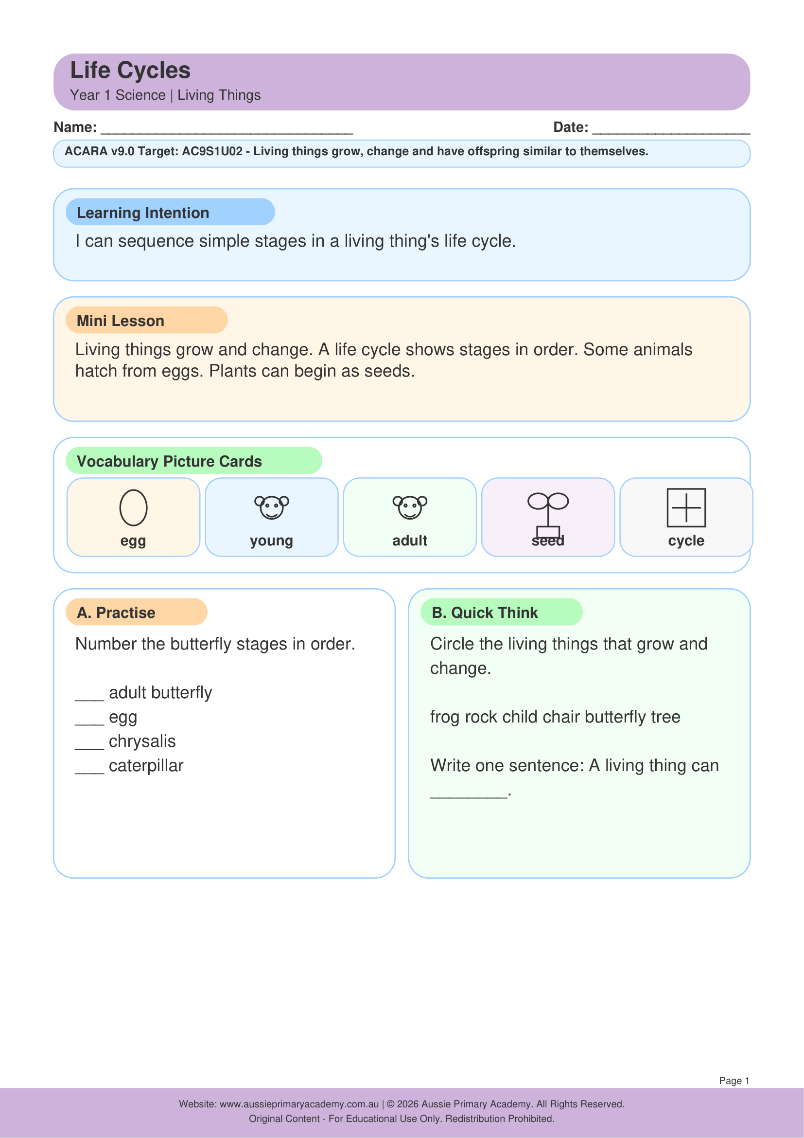 Life Cycles Ac9S1U02 Colour worksheet preview