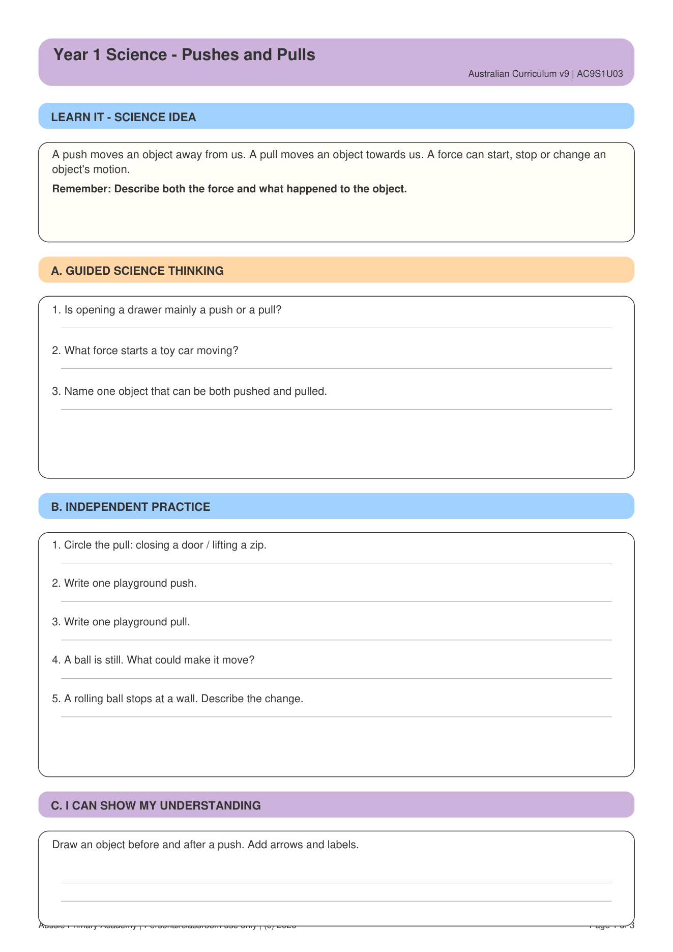 Pushes Pulls Motion worksheet preview