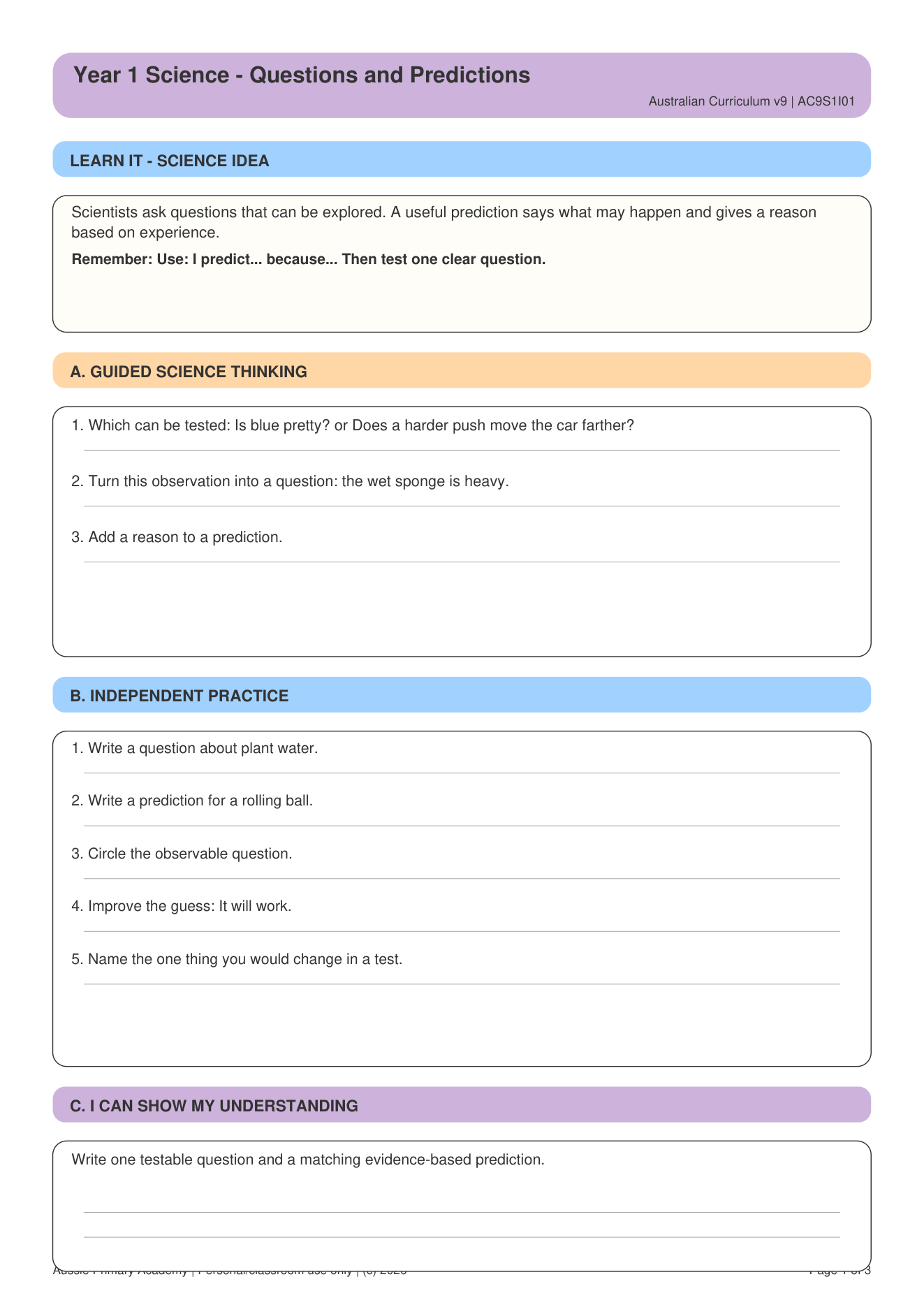 Questions Predictions worksheet preview