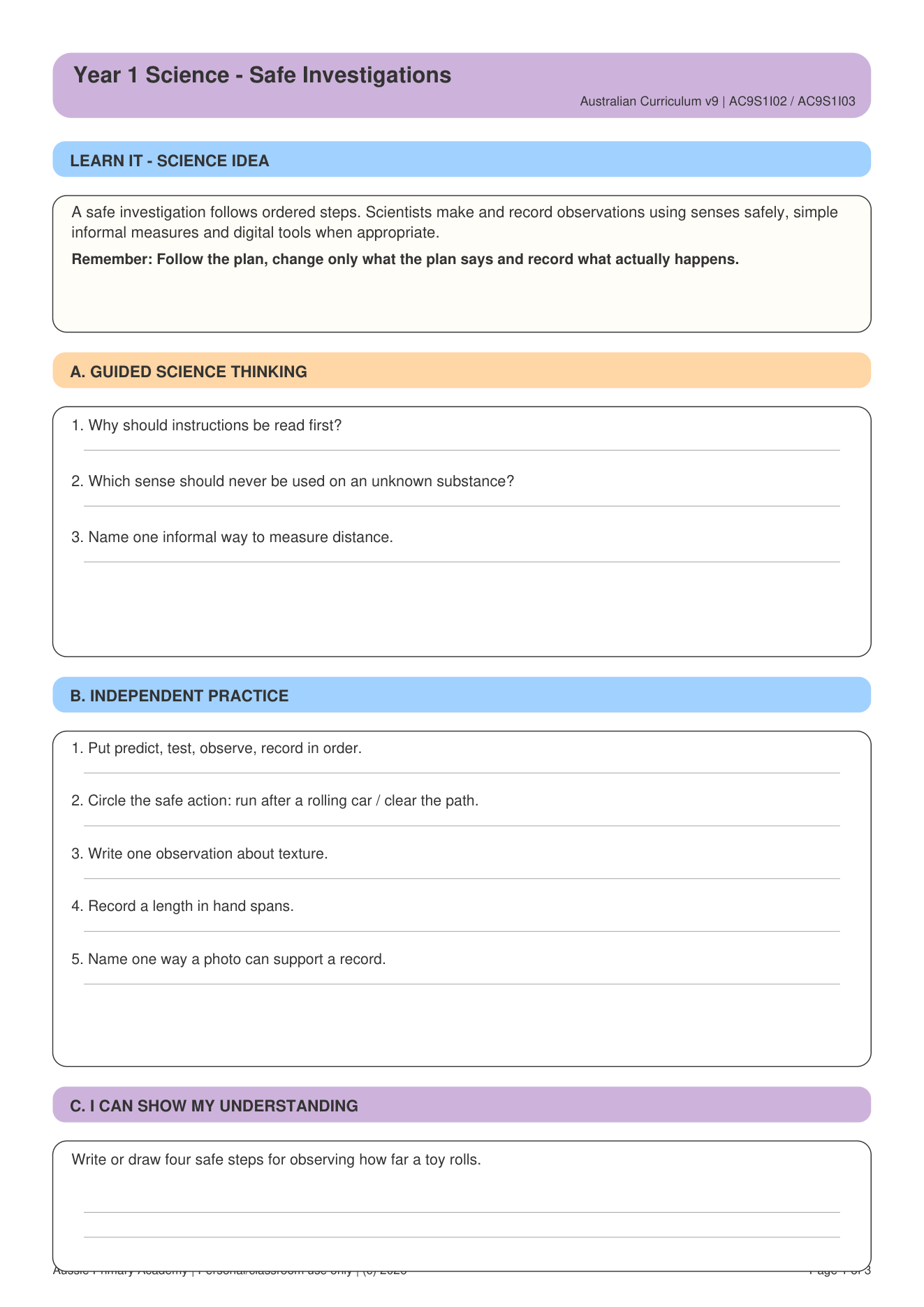 Safe Investigation Observations Ac9S1I02 worksheet preview