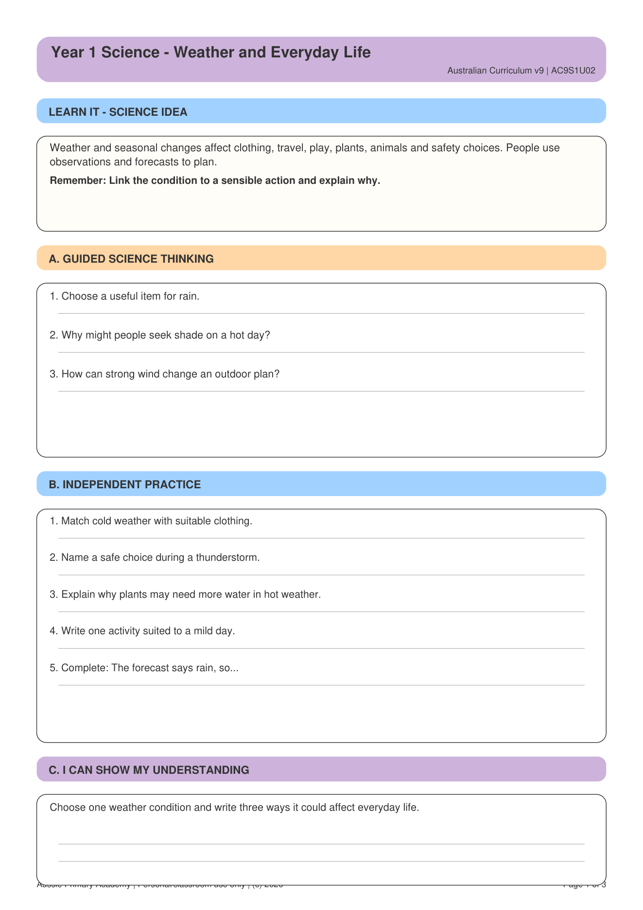 Weather Seasons Everyday Life worksheet preview