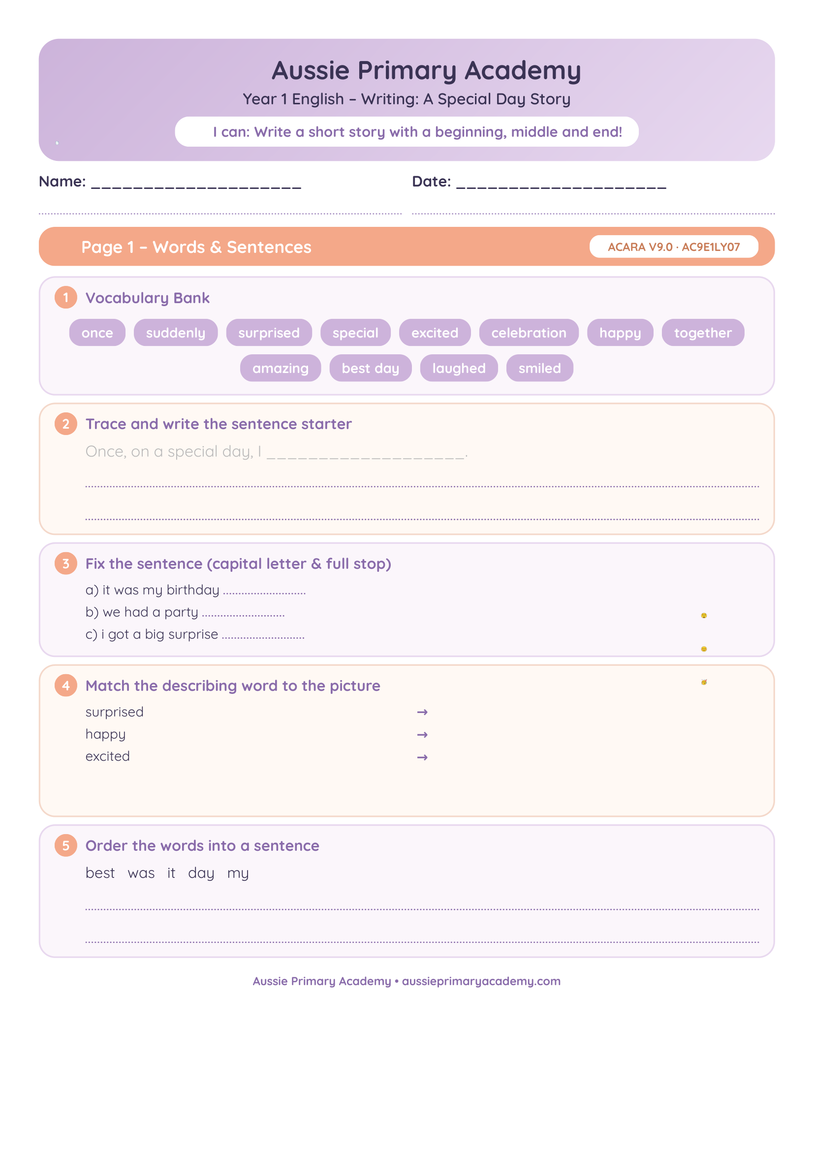 Writing A Special Day Story worksheet preview