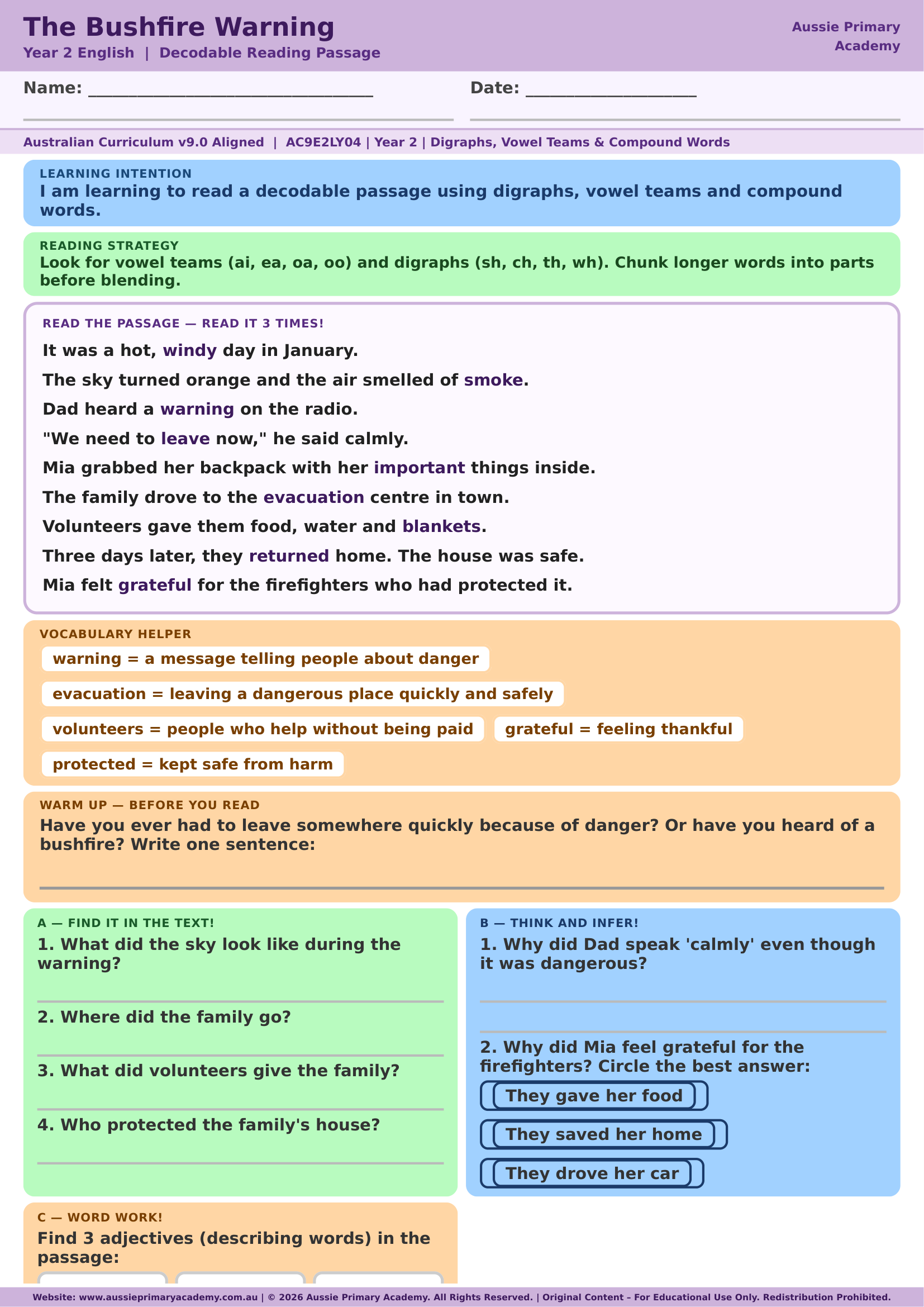 Decodable Reading The Bushfire Warning Ac9E2Ly04 Colour worksheet preview