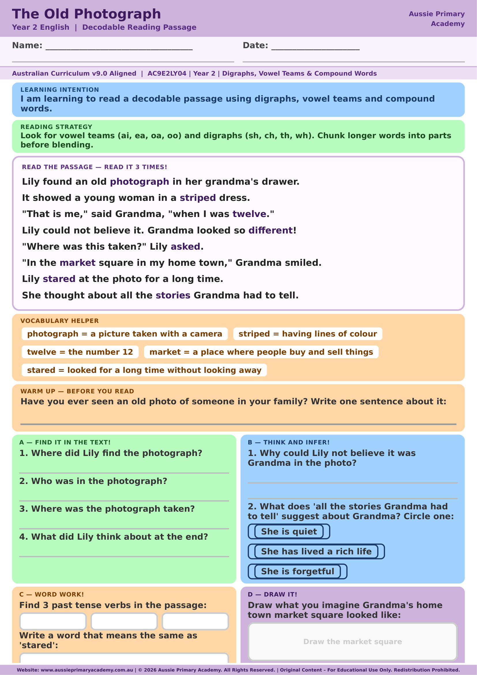 Decodable Reading The Old Photograph Ac9E2Ly04 Colour worksheet preview