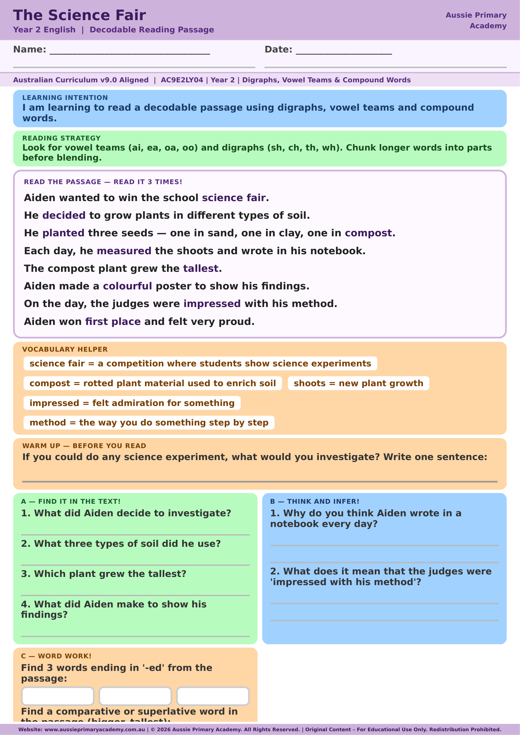 Decodable Reading The Science Fair Ac9E2Ly04 Colour worksheet preview