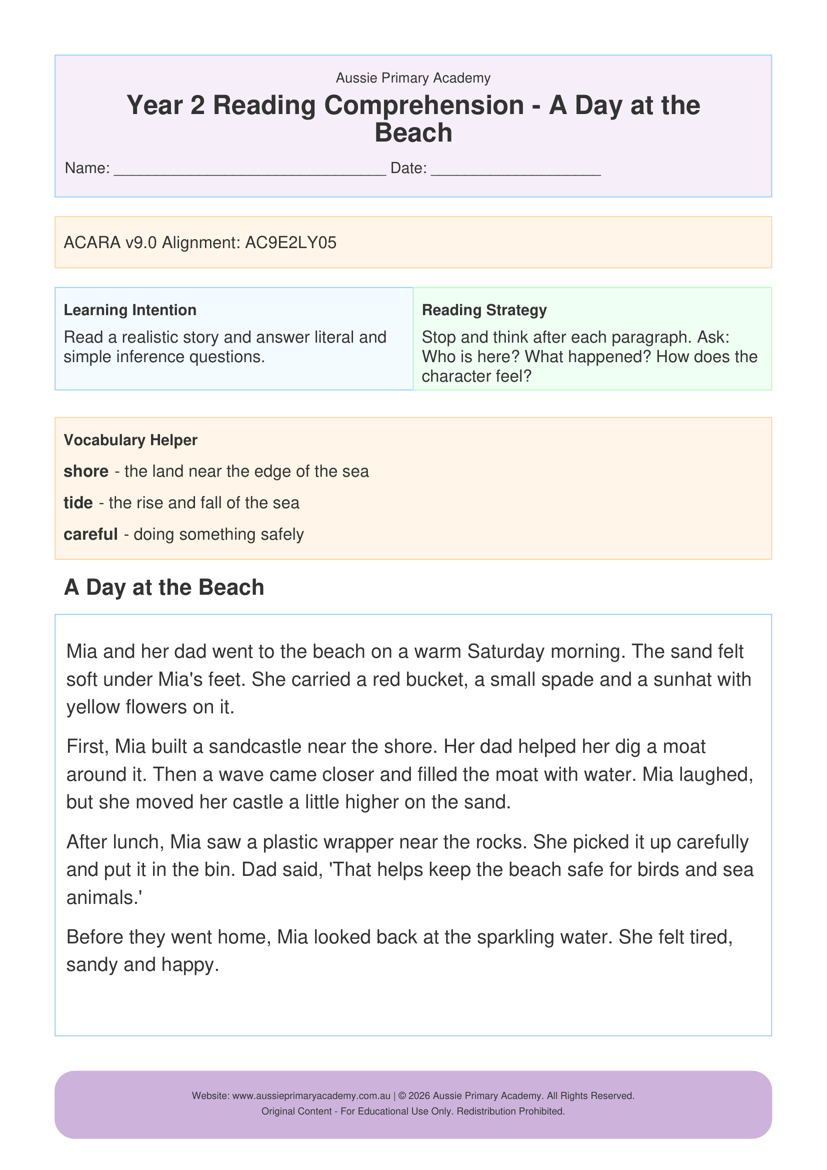 Reading Comprehension A Day At The Beach worksheet preview