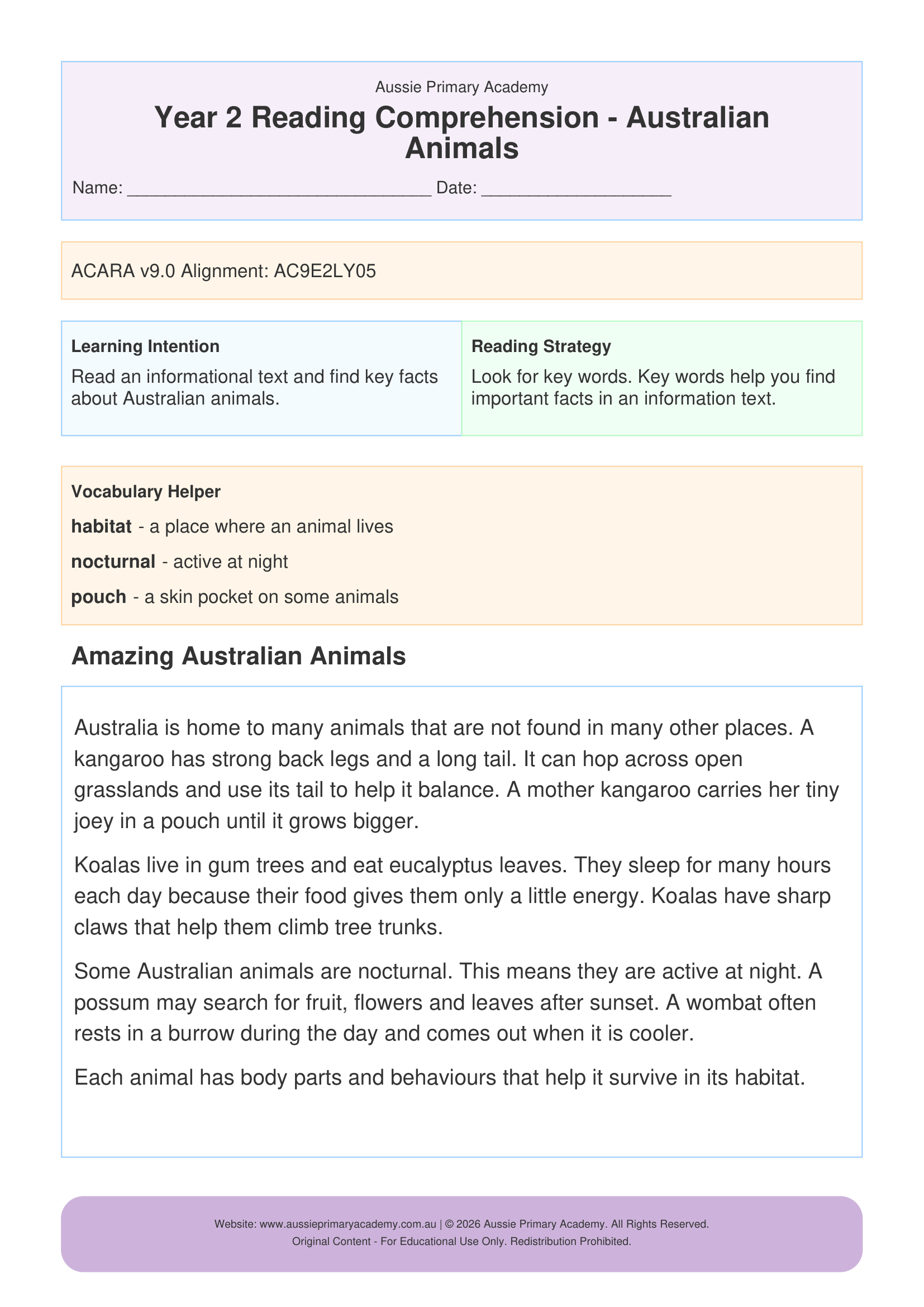 Reading Comprehension Australian Animals worksheet preview
