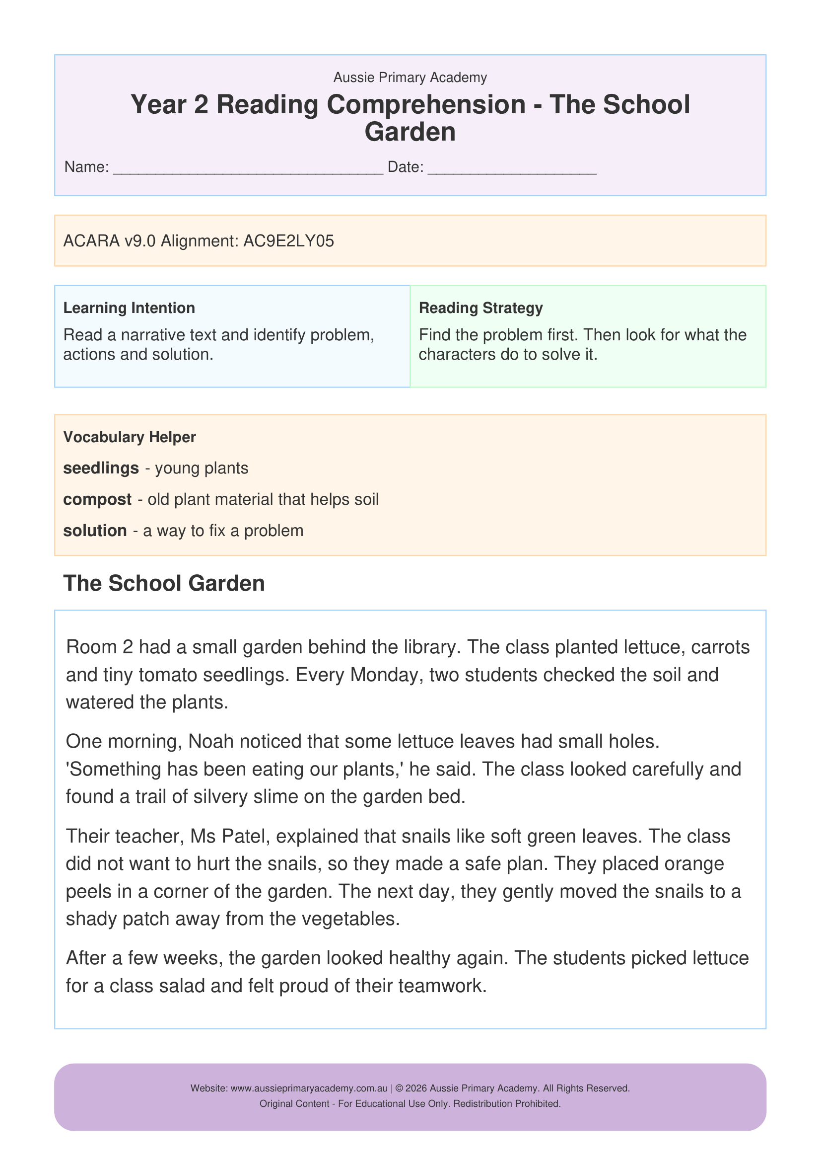 Reading Comprehension The School Garden worksheet preview