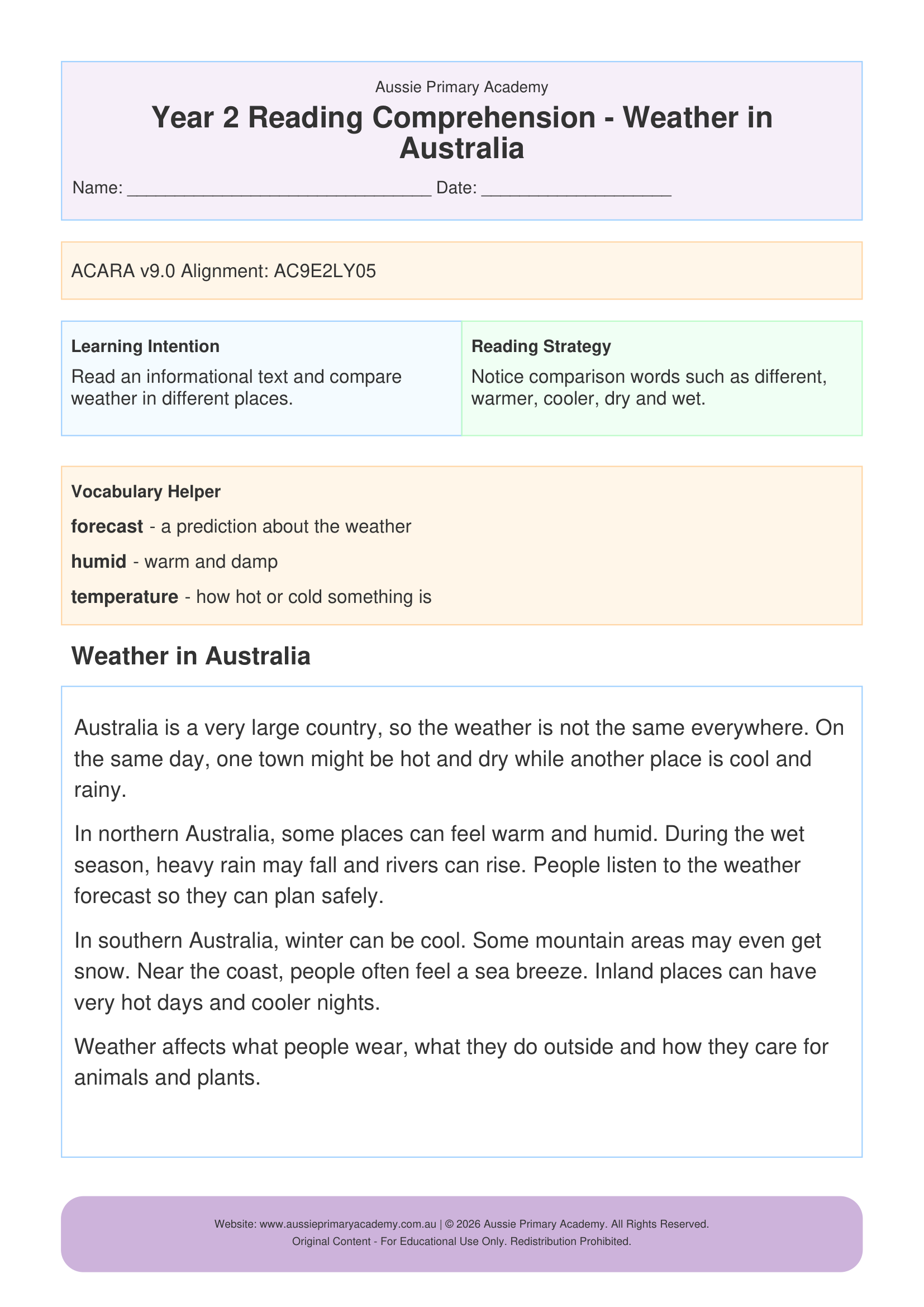 Reading Comprehension Weather In Australia worksheet preview