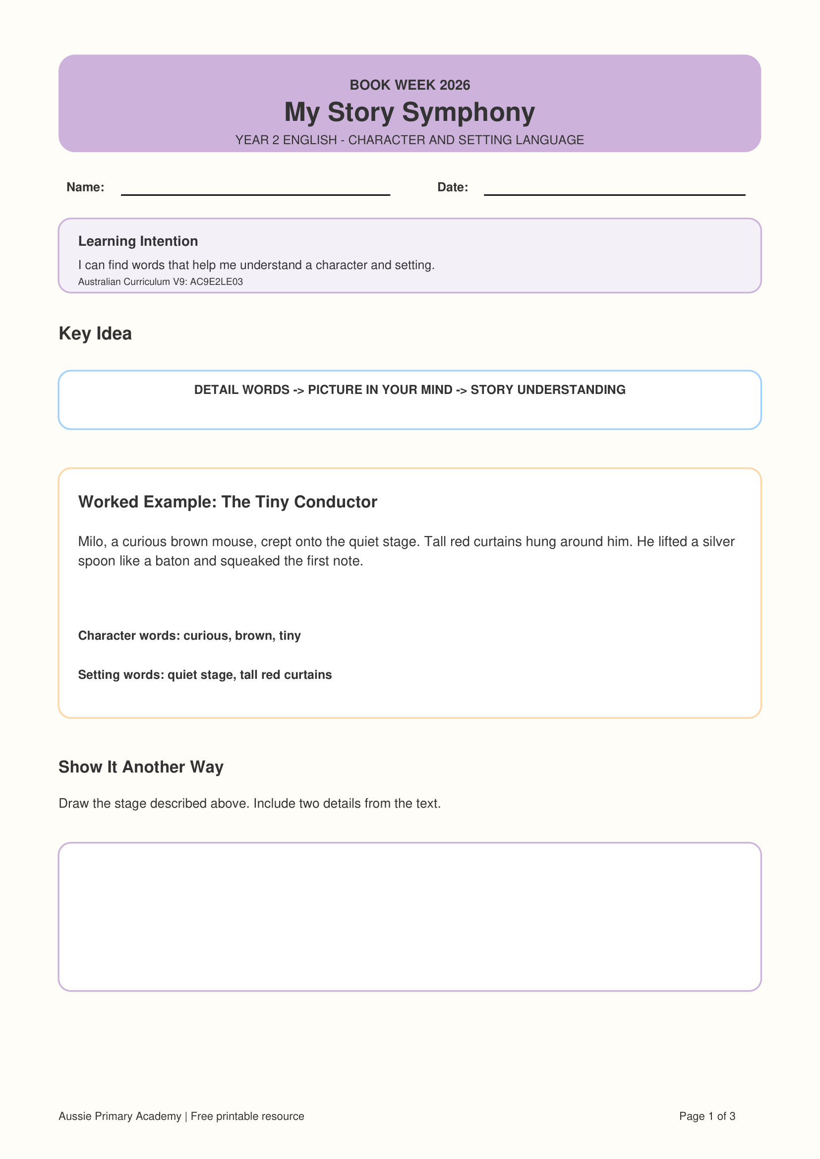 Story Elements Ac9E2Le03 Book Week worksheet preview