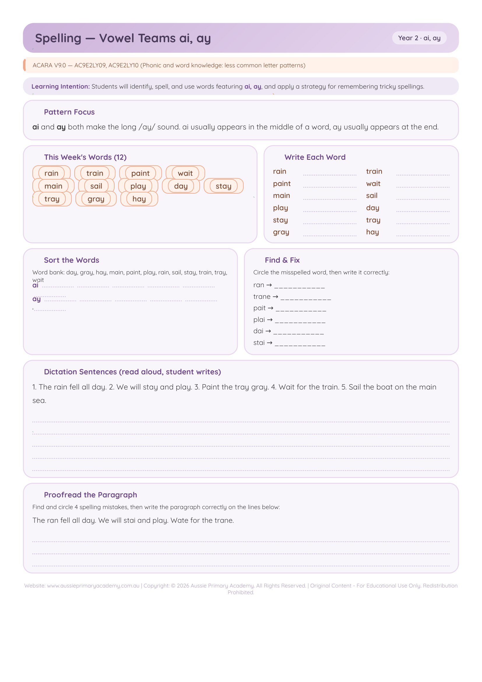 Spelling Vowel Teams Ai Ay worksheet preview