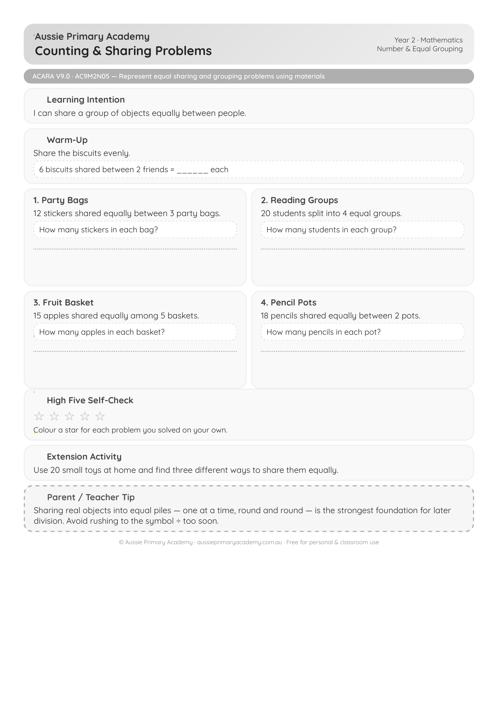 Year 2 Maths Counting and Sharing Word Problems worksheet preview