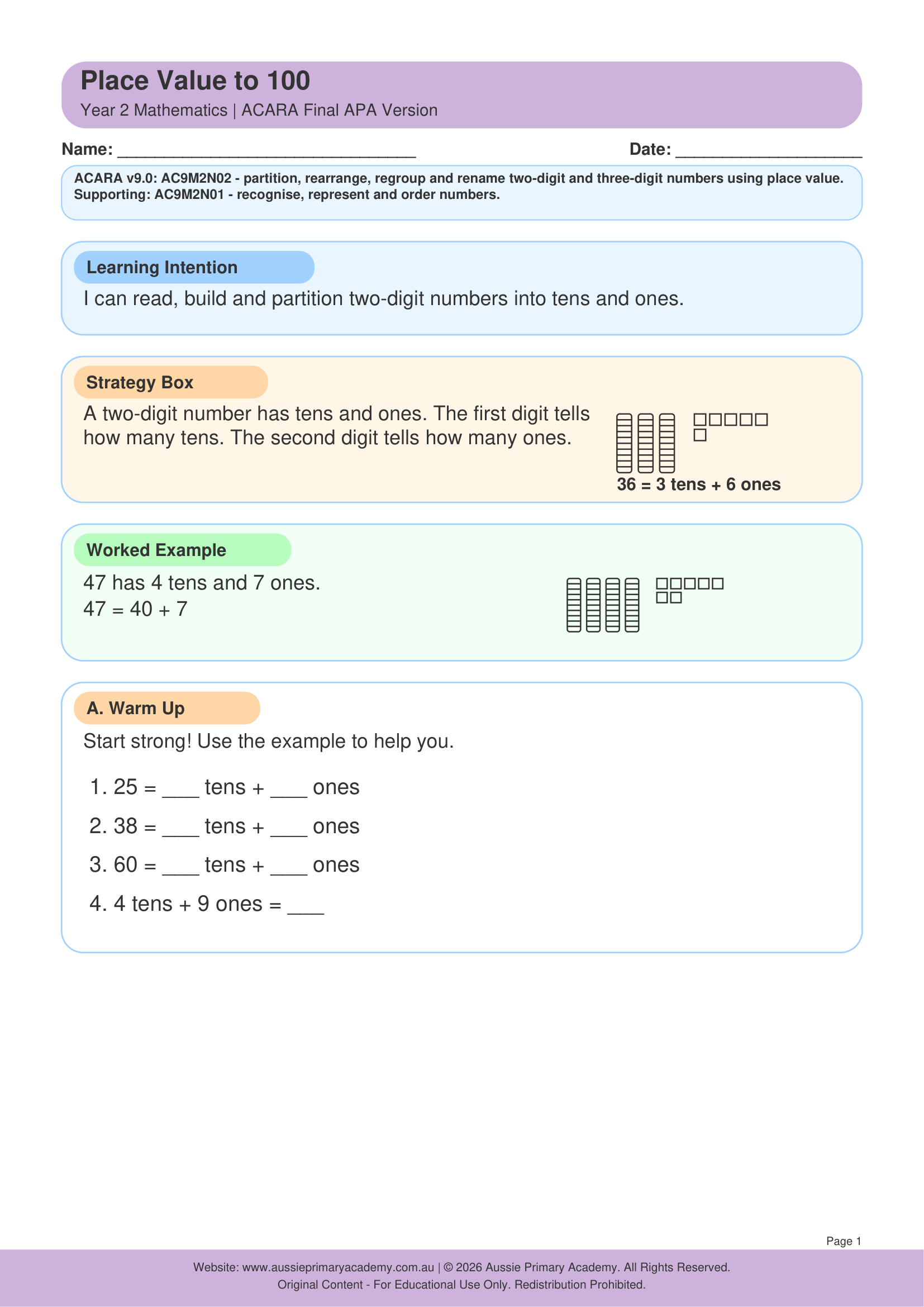 Place Value To 100 worksheet preview