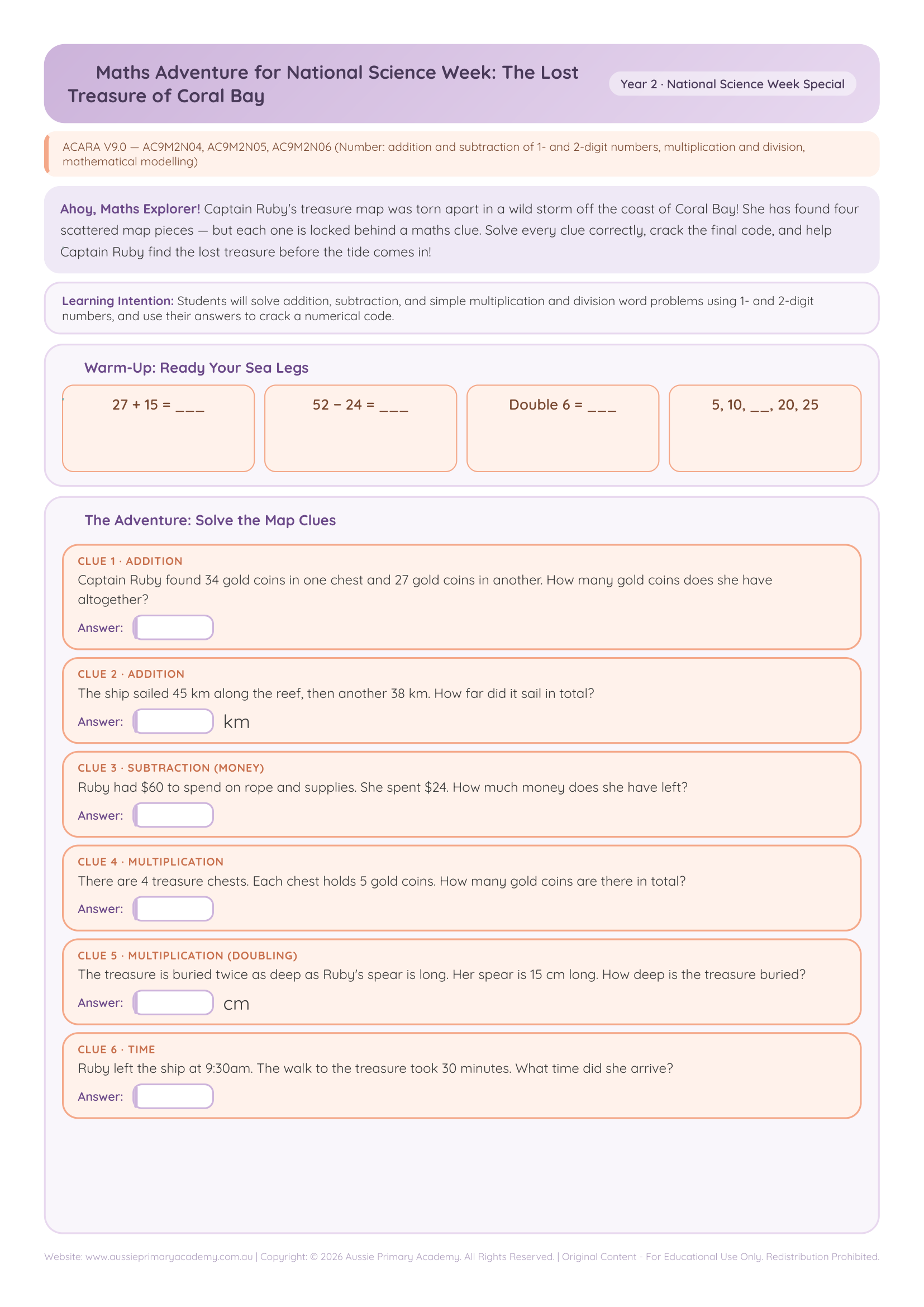 Year 2 Maths Treasure Hunt Adventure worksheet preview