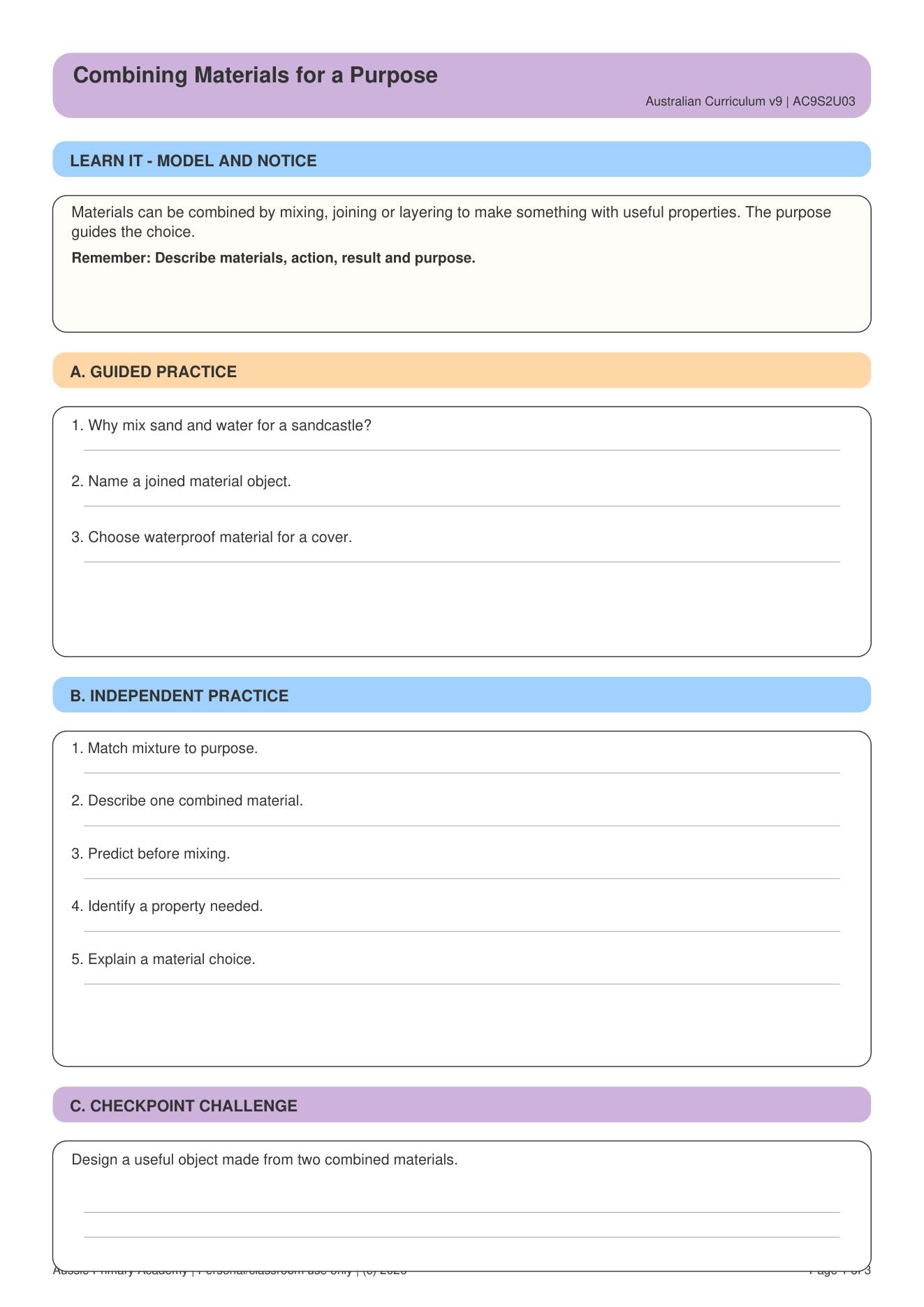 Combine Materials Purpose worksheet preview