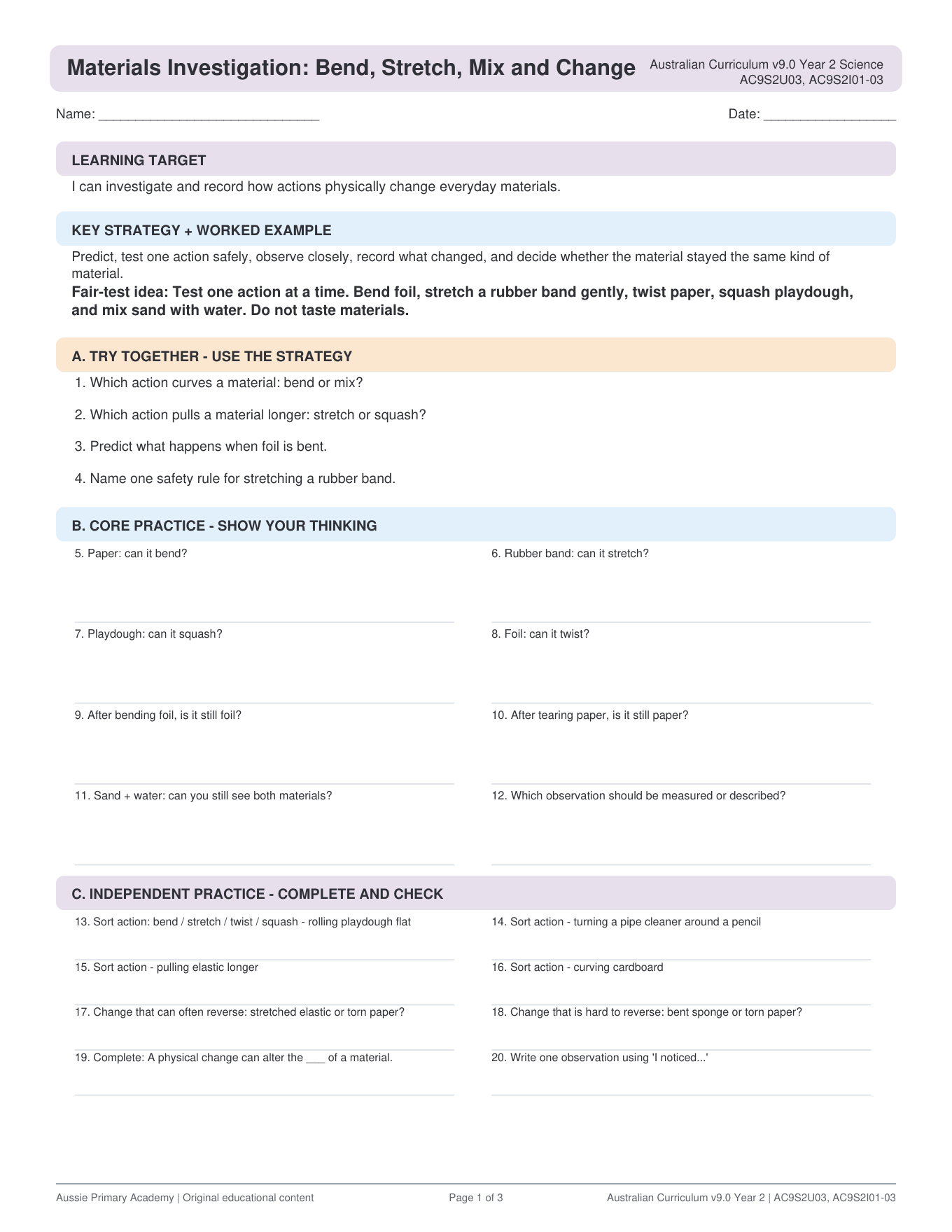 Materials Investigation Bend Stretch Mix Change Ac9S2U03 Ac9S2I01 03 worksheet preview