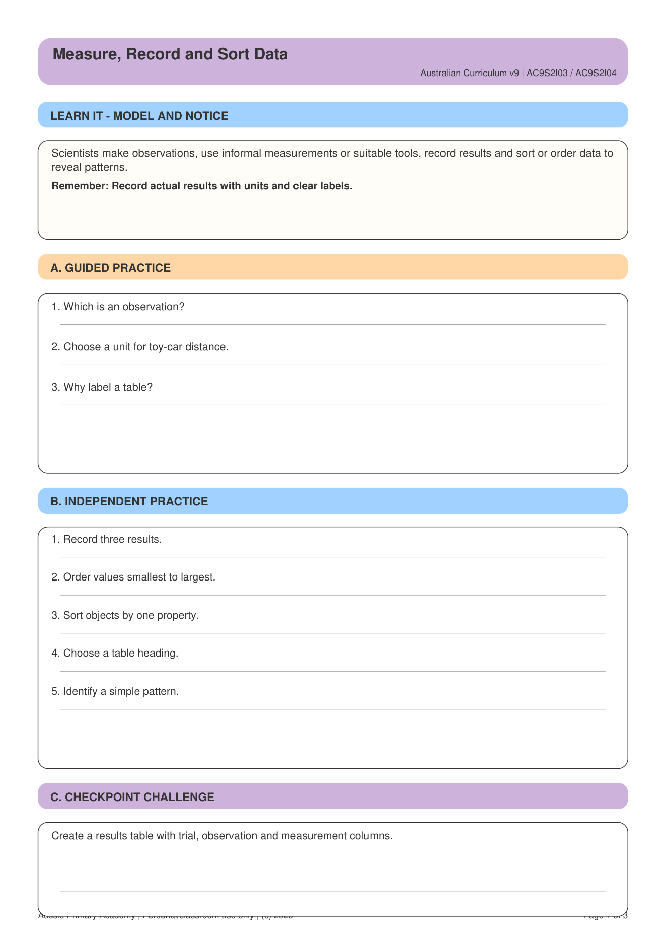 Measure Record Sort Data Ac9S2I03 worksheet preview