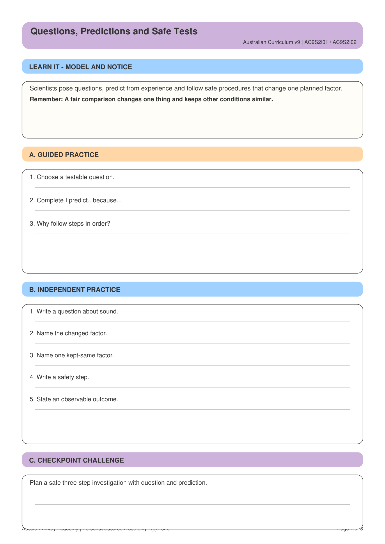 Questions Predictions Safe Investigation Ac9S2I01 worksheet preview