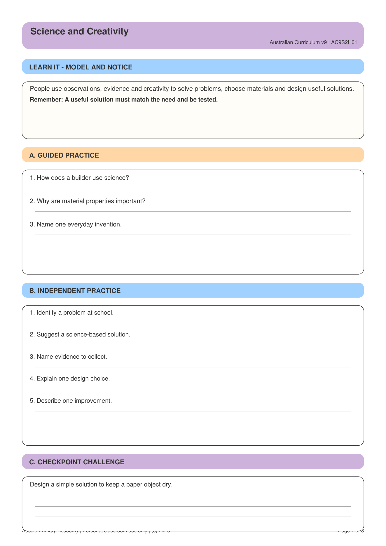 Science Creativity Daily Life worksheet preview