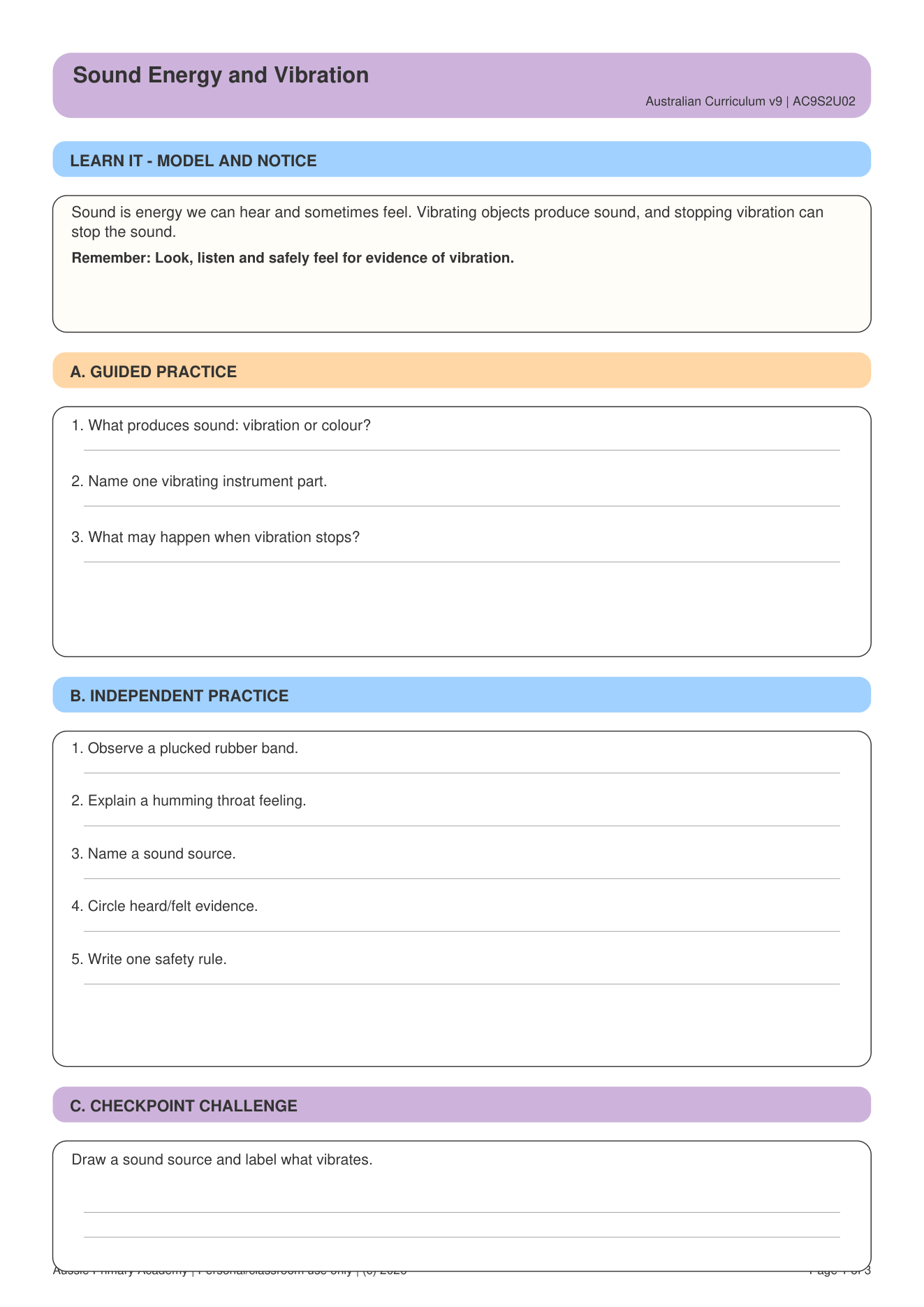 Sound Energy Vibration worksheet preview