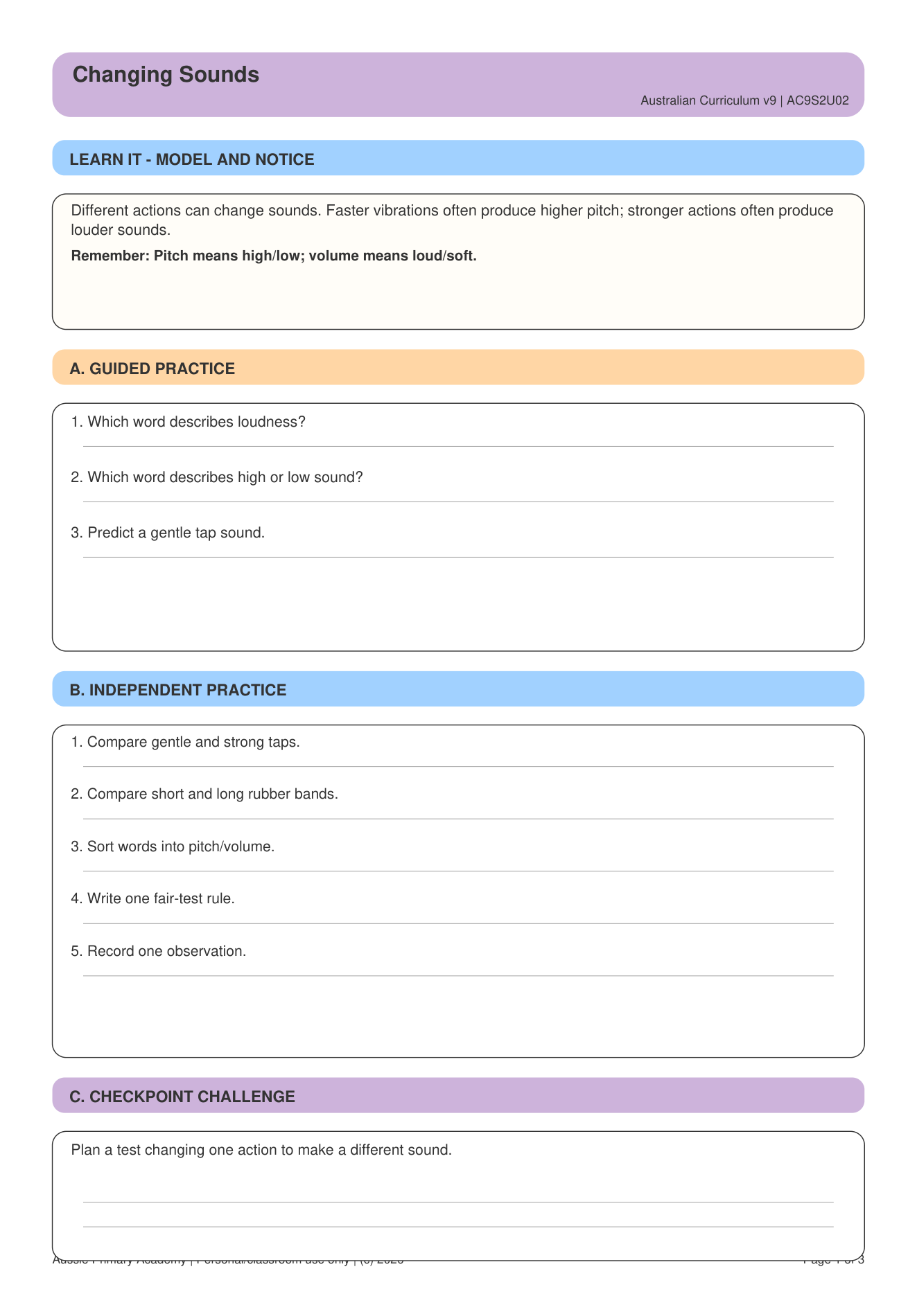 Sound Pitch Volume Actions worksheet preview