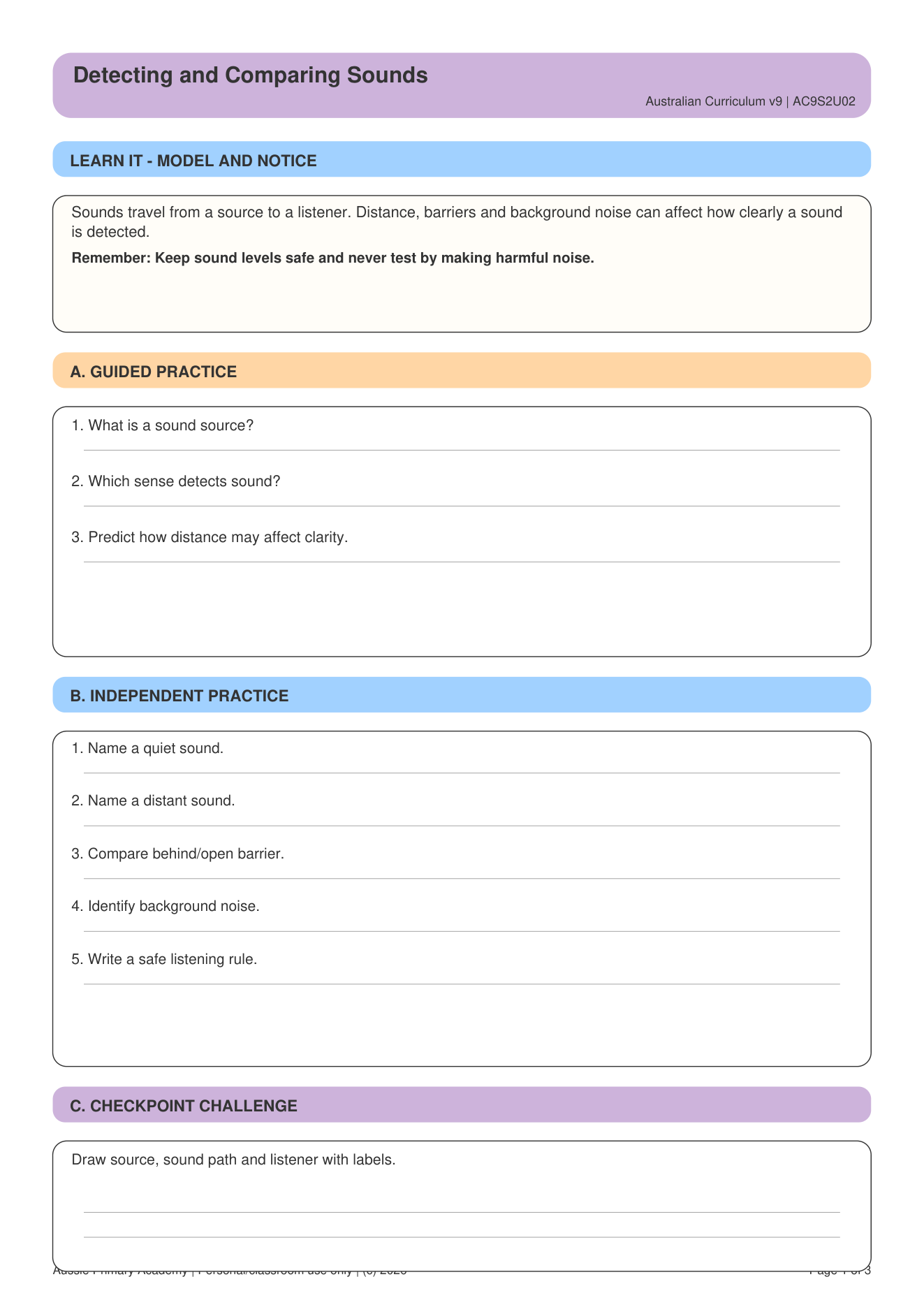 Sound Travel Detection worksheet preview