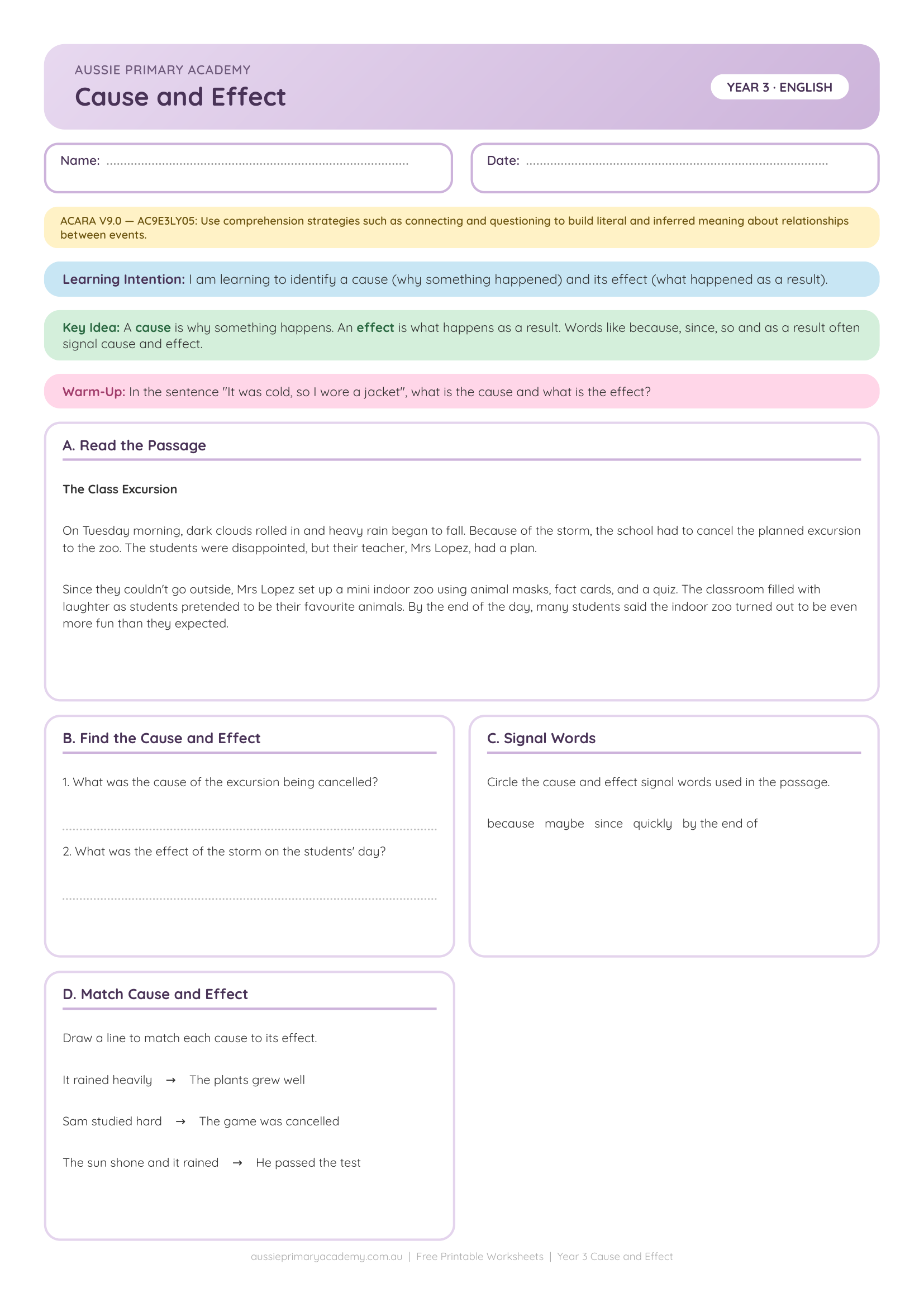 Year 3 Cause and Effect Worksheet Preview
