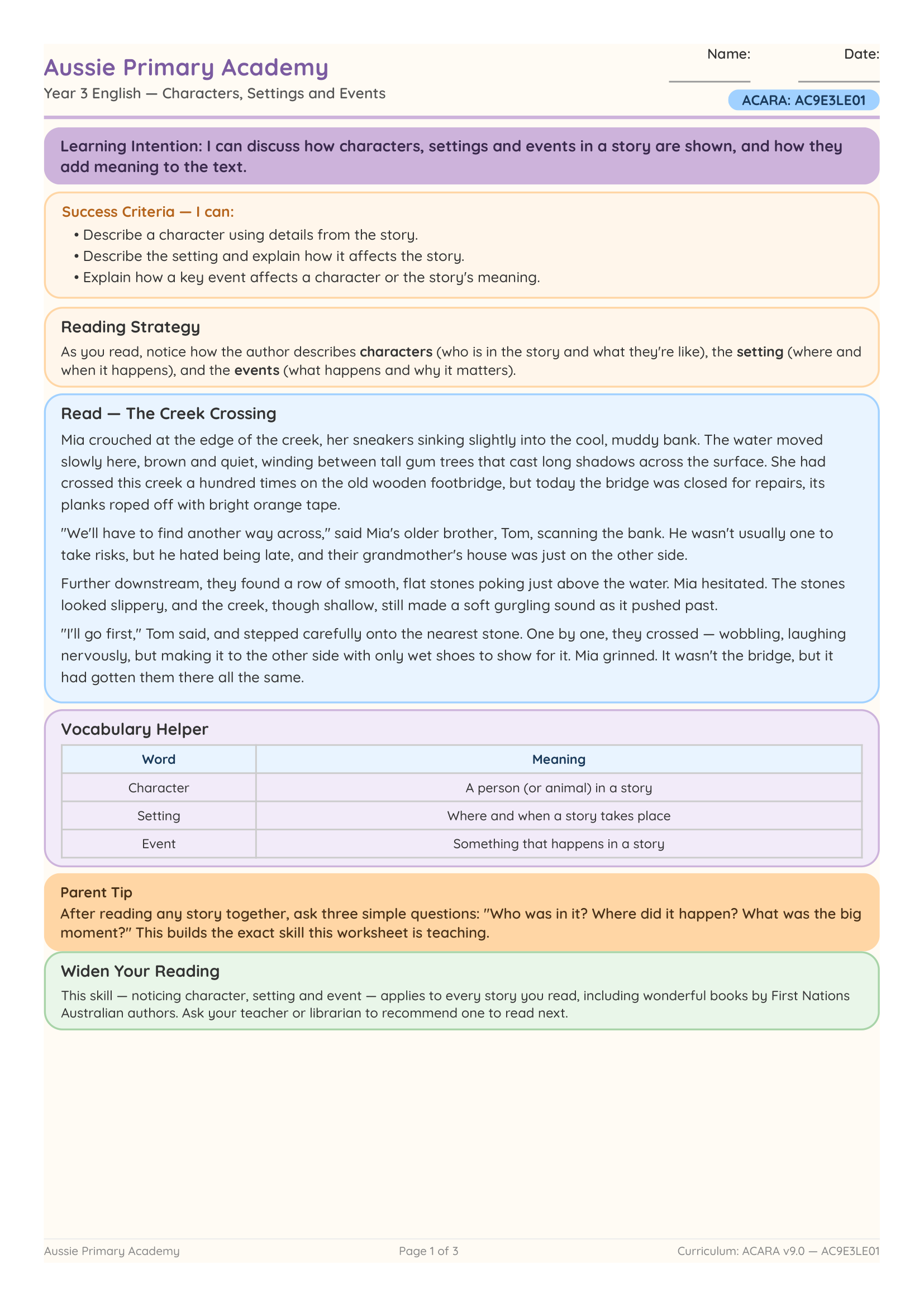 Characters Settings Events worksheet preview