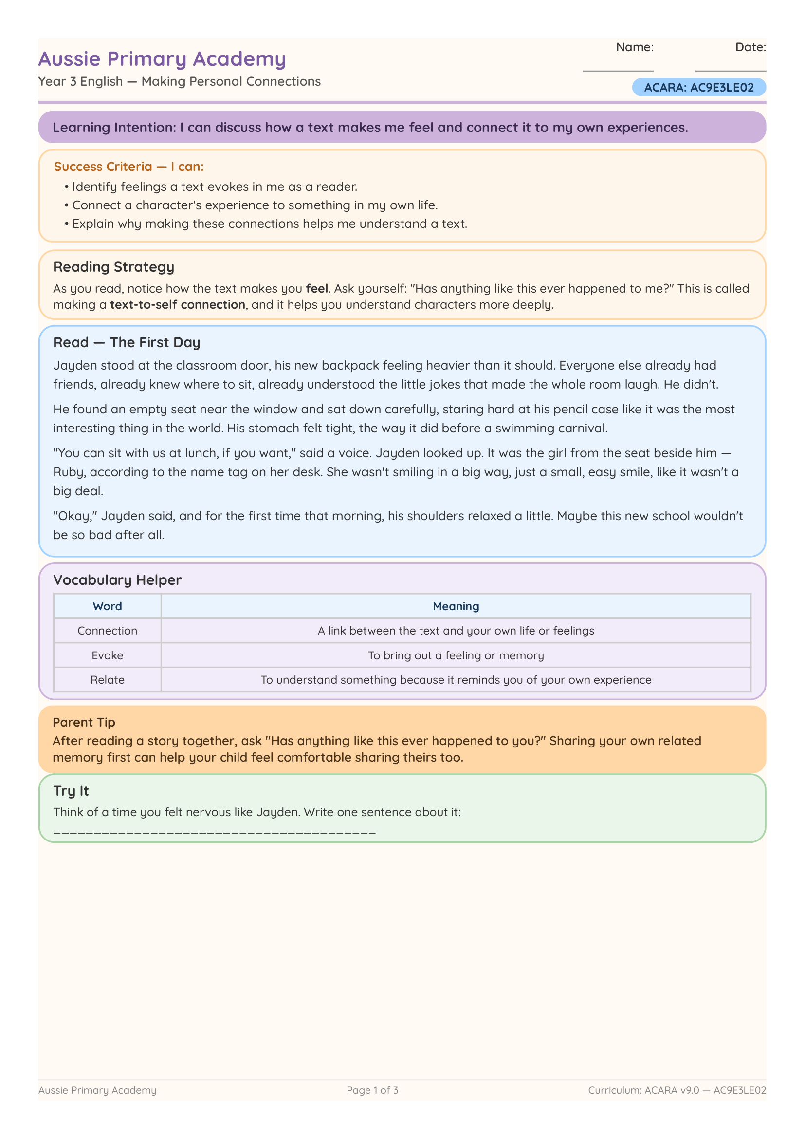 Personal Connections worksheet preview