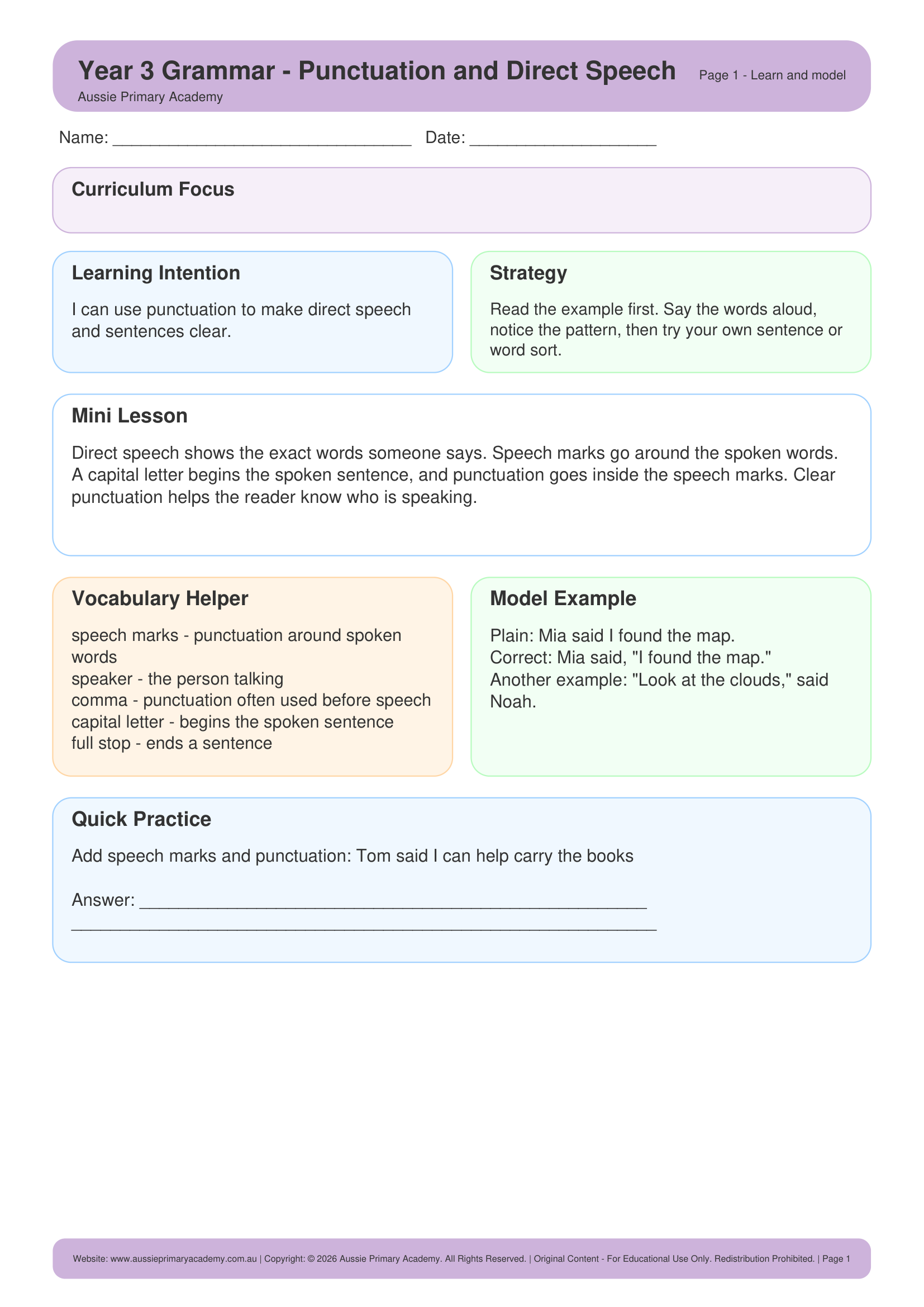 Punctuation And Direct Speech Grammar Ac9E3La07 Colour worksheet preview