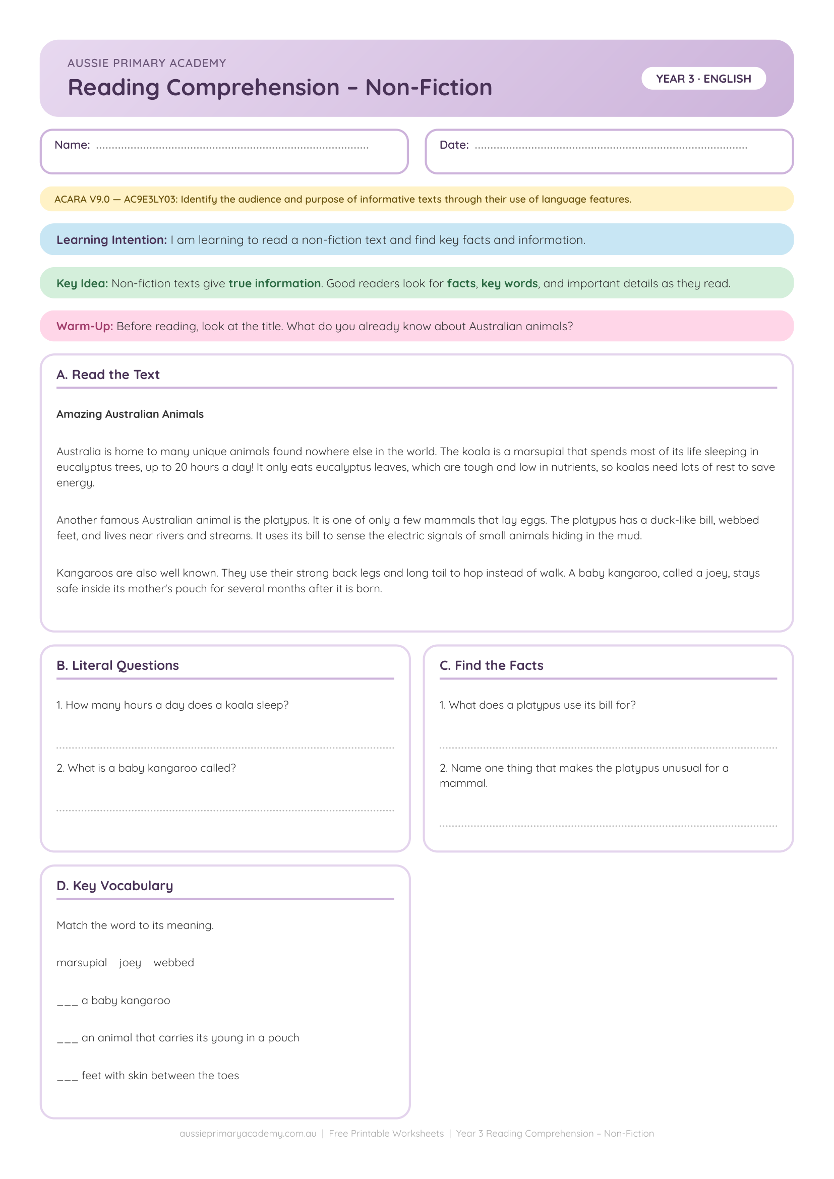 Reading Comprehension Nonfiction Ac9E3Ly03 Colour worksheet preview