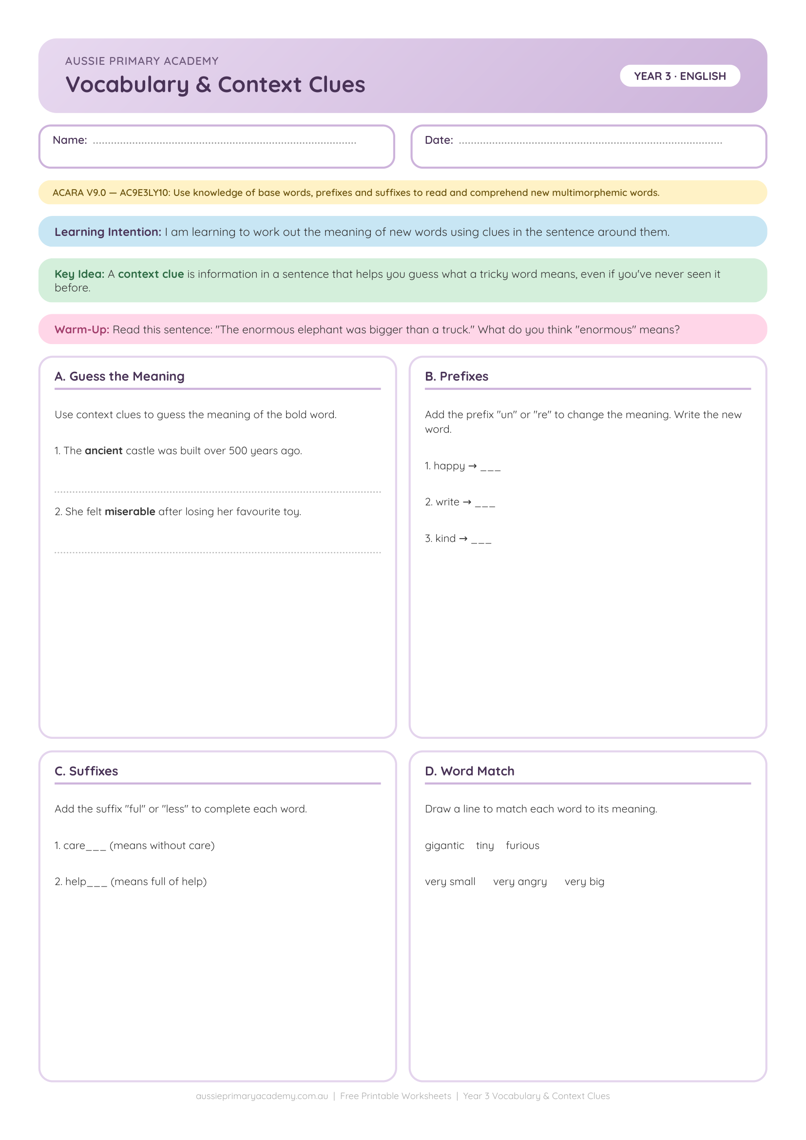Vocabulary Context Clues Grammar Colour worksheet preview