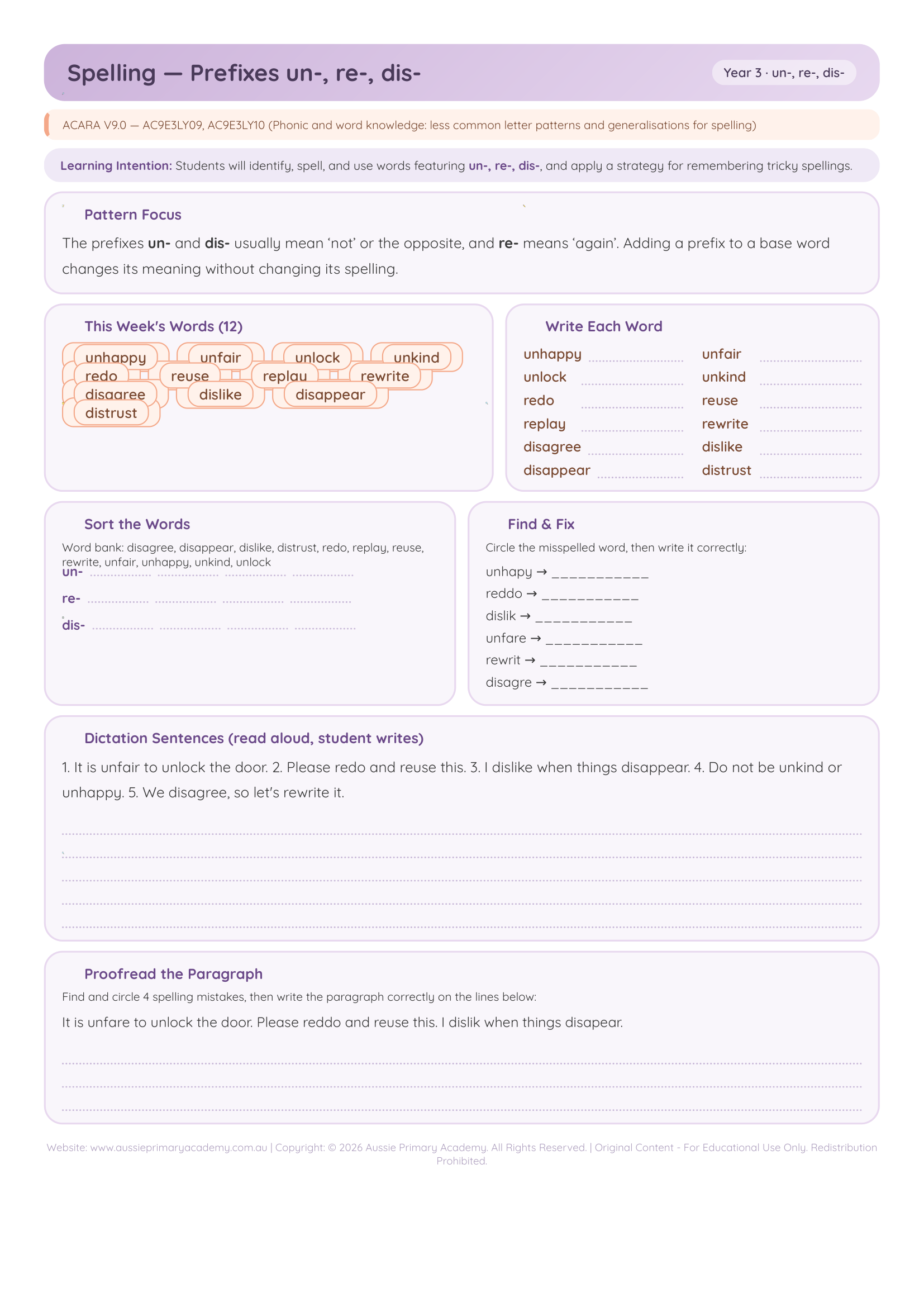Spelling Prefixes Un Re Dis worksheet preview