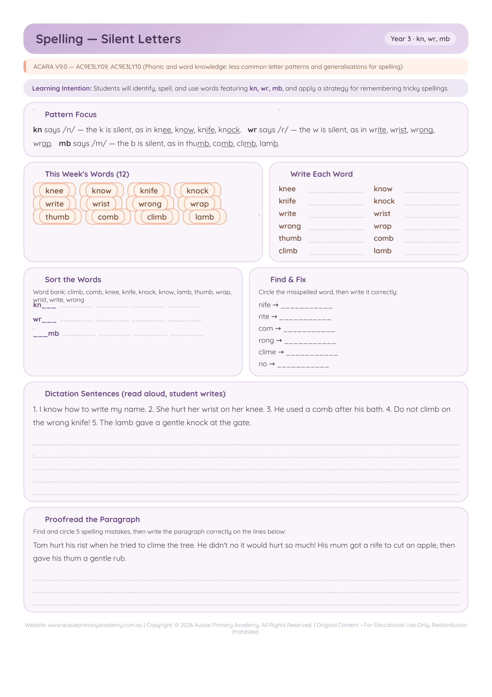 Spelling Silent Letters worksheet preview
