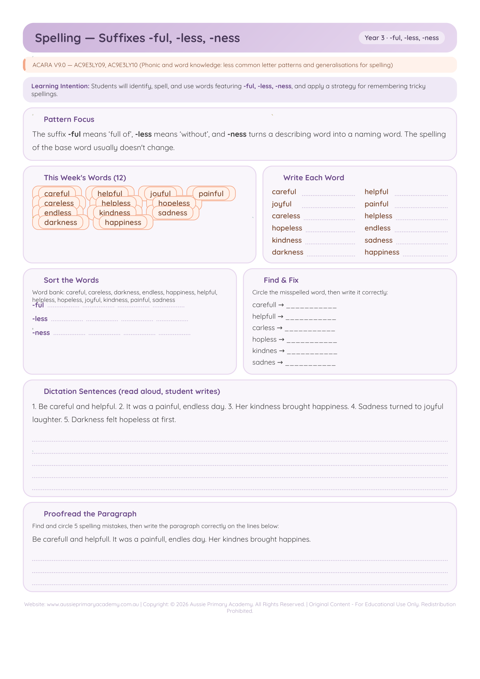 Spelling Suffixes Ful Less Ness worksheet preview
