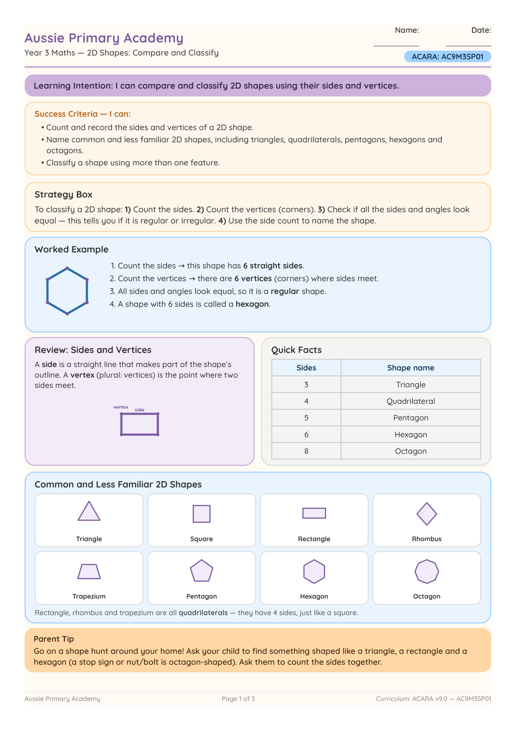 2D Shapes Compare Classify worksheet preview
