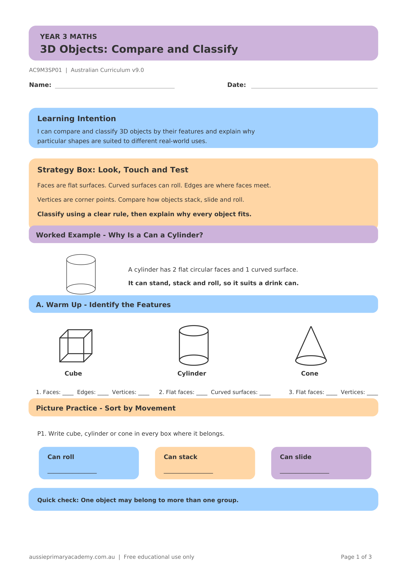 3D Objects Compare Classify worksheet preview
