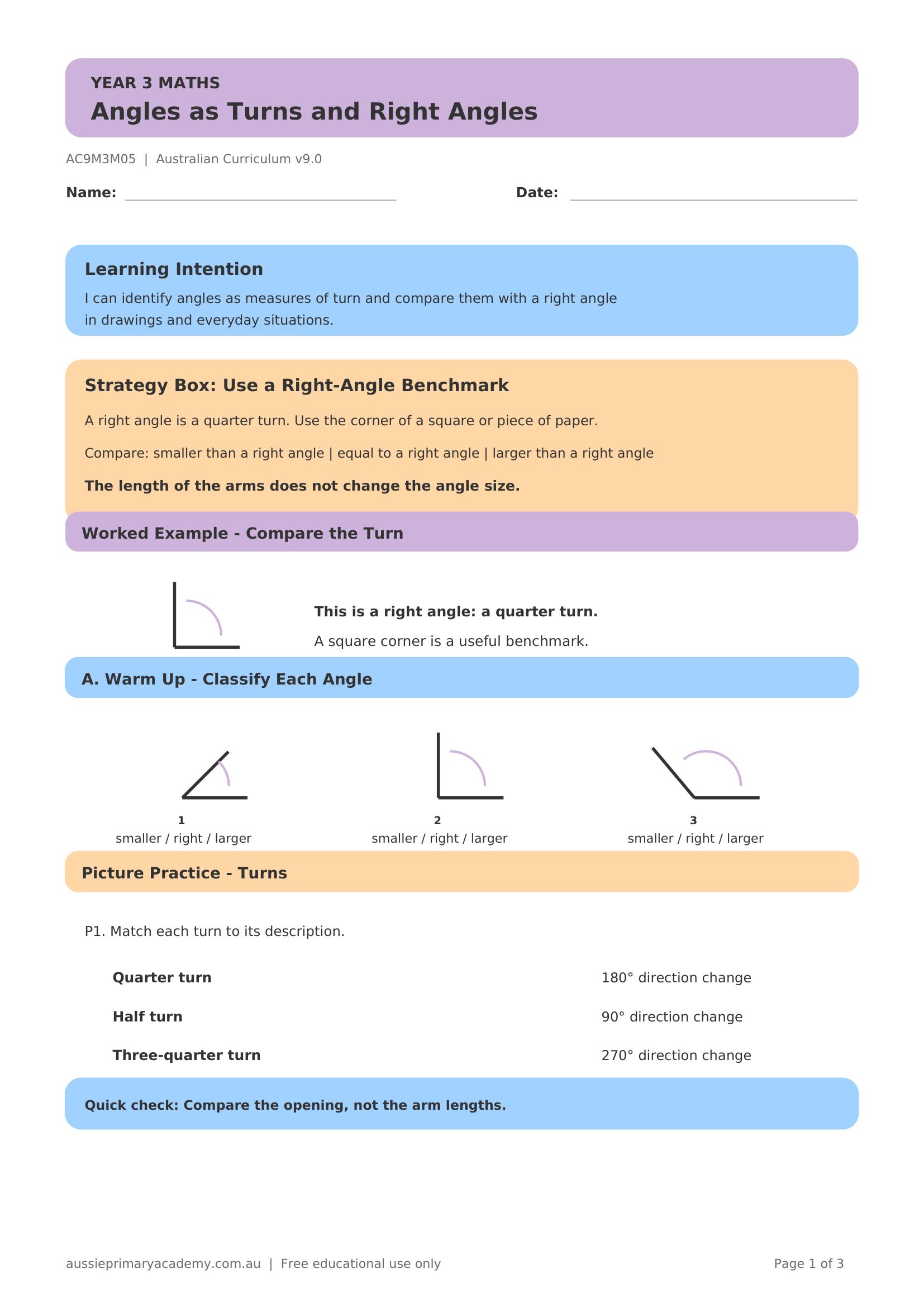 Year 3 Angles as Turns and Right Angles worksheet preview