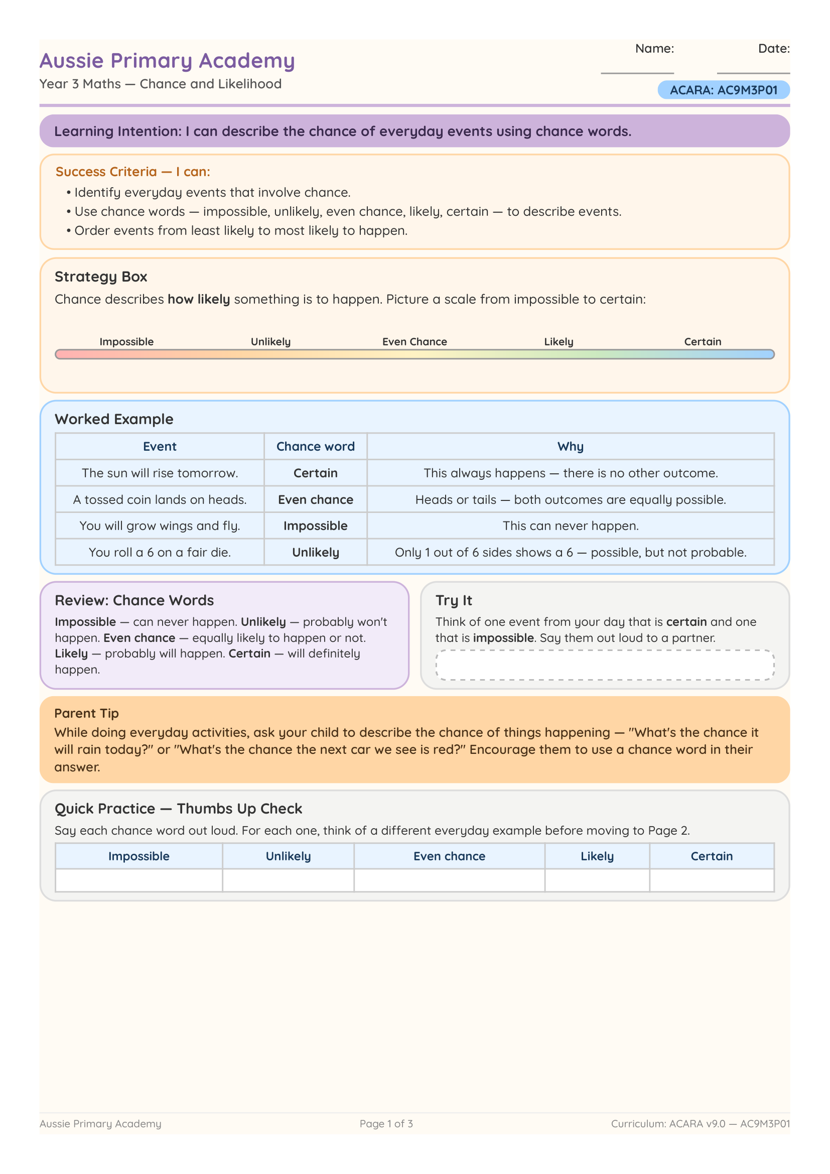 Year 3 Chance and Likelihood worksheet preview