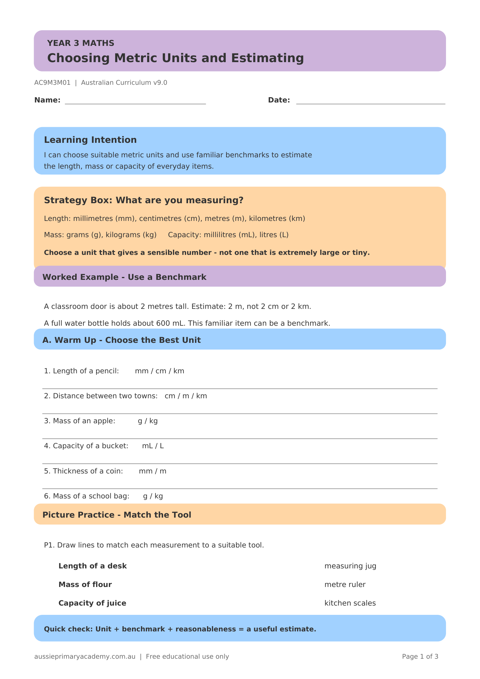 Choosing Metric Units Estimating worksheet preview