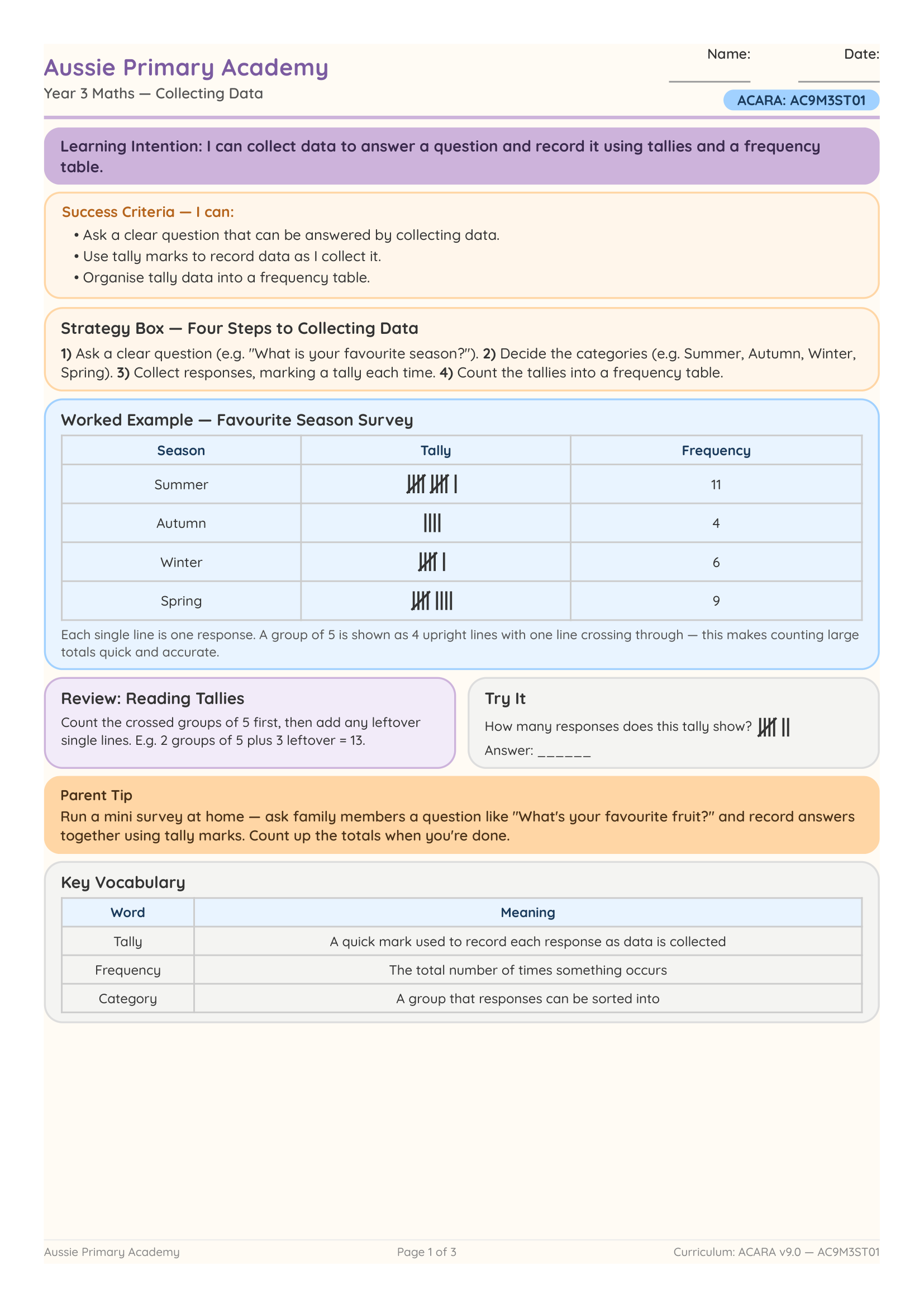 Year 3 Collecting Data worksheet preview