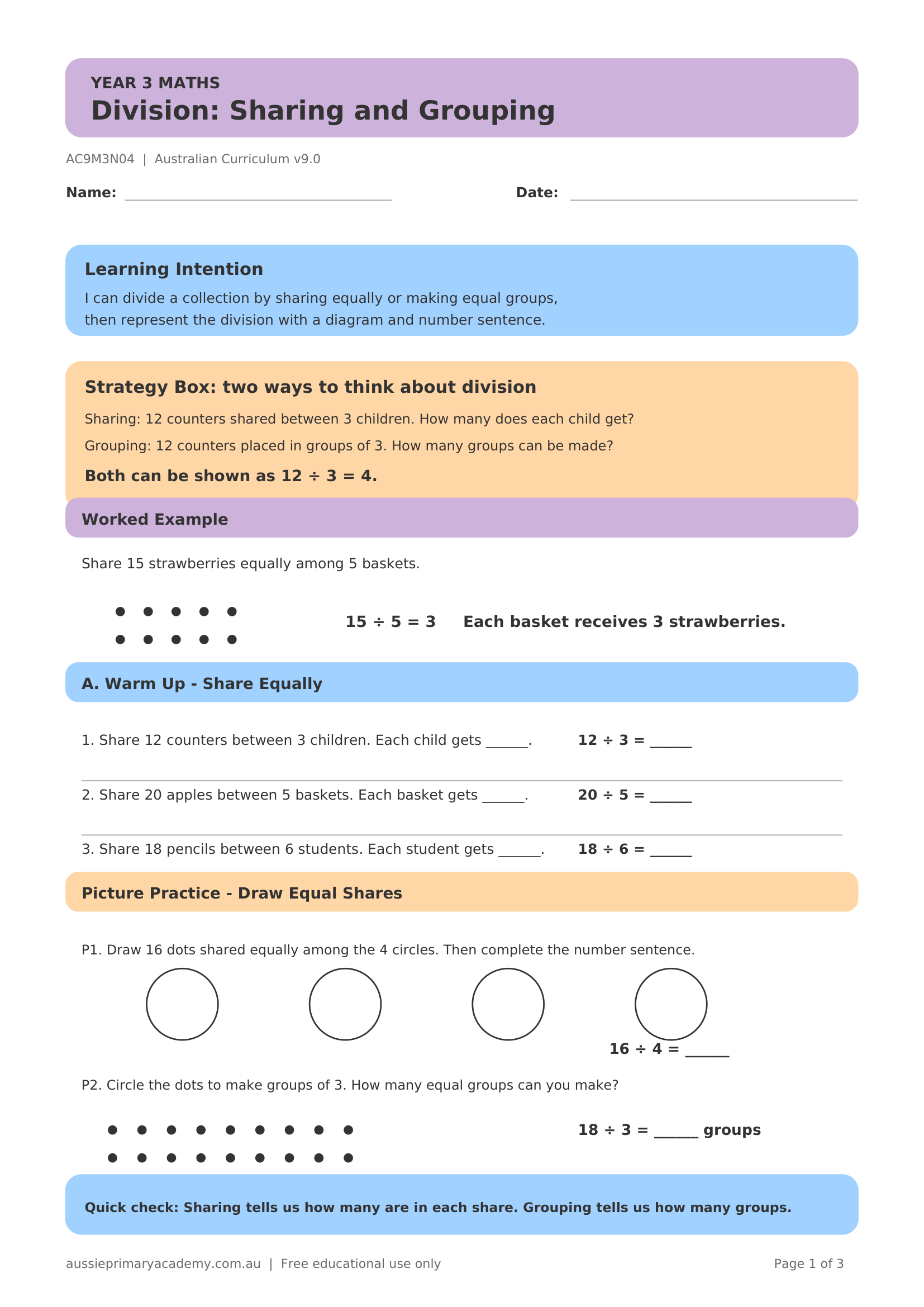 Year 3 Division: Sharing and Grouping worksheet preview