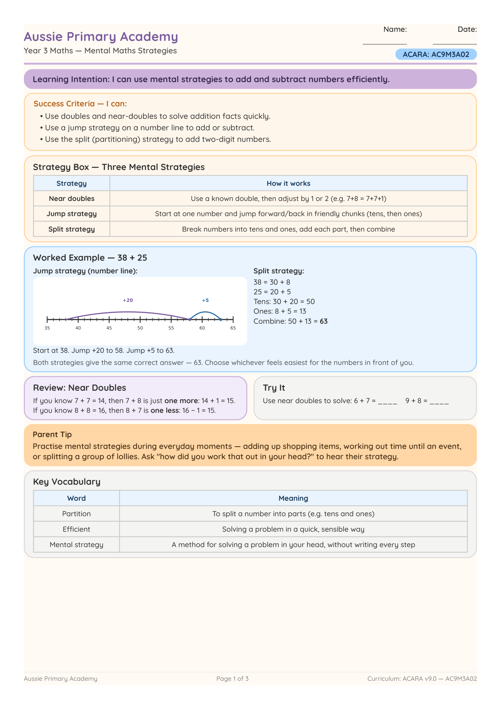 Year 3 Mental Maths Strategies worksheet preview
