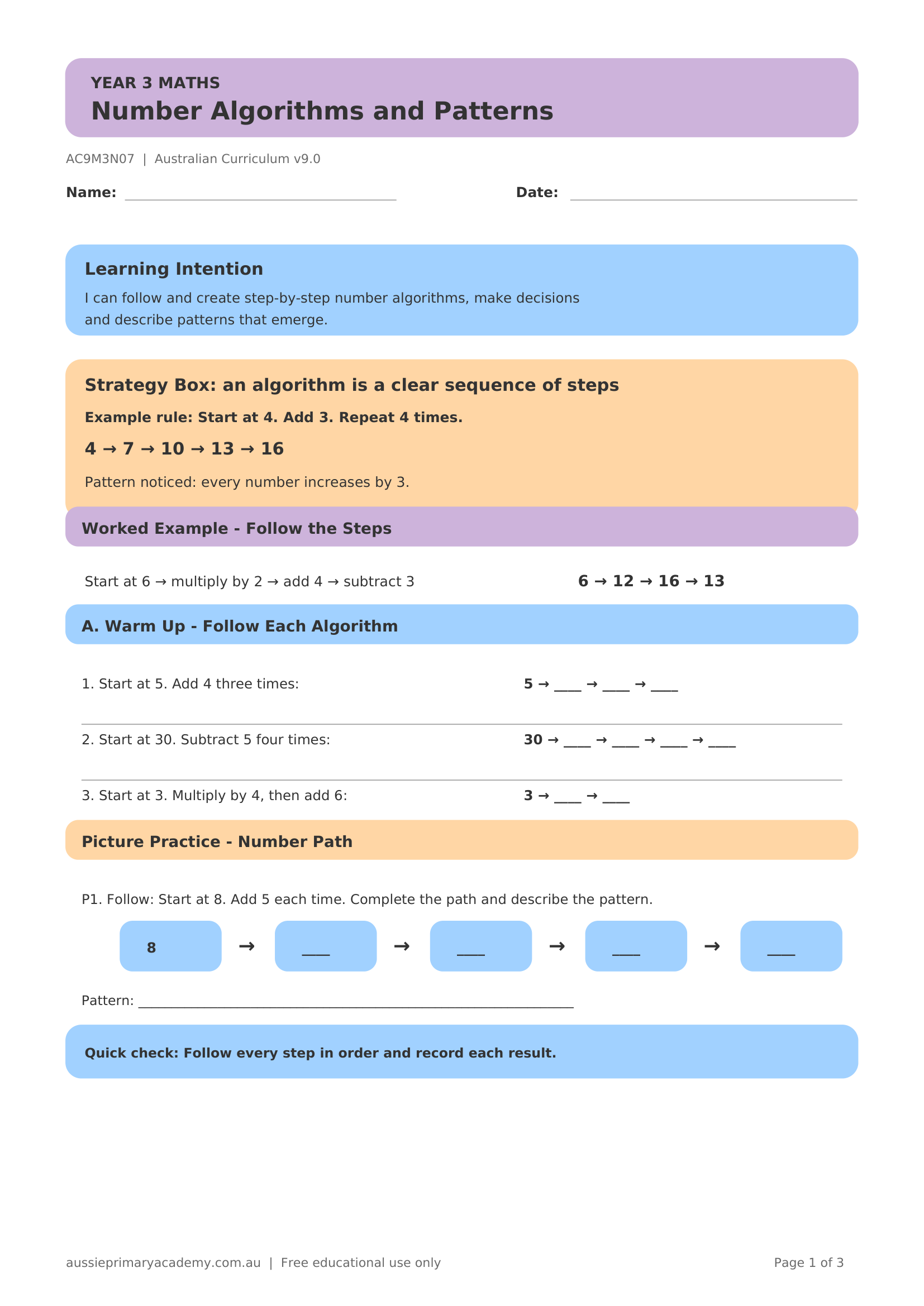 Year 3 Number Algorithms and Patterns worksheet preview