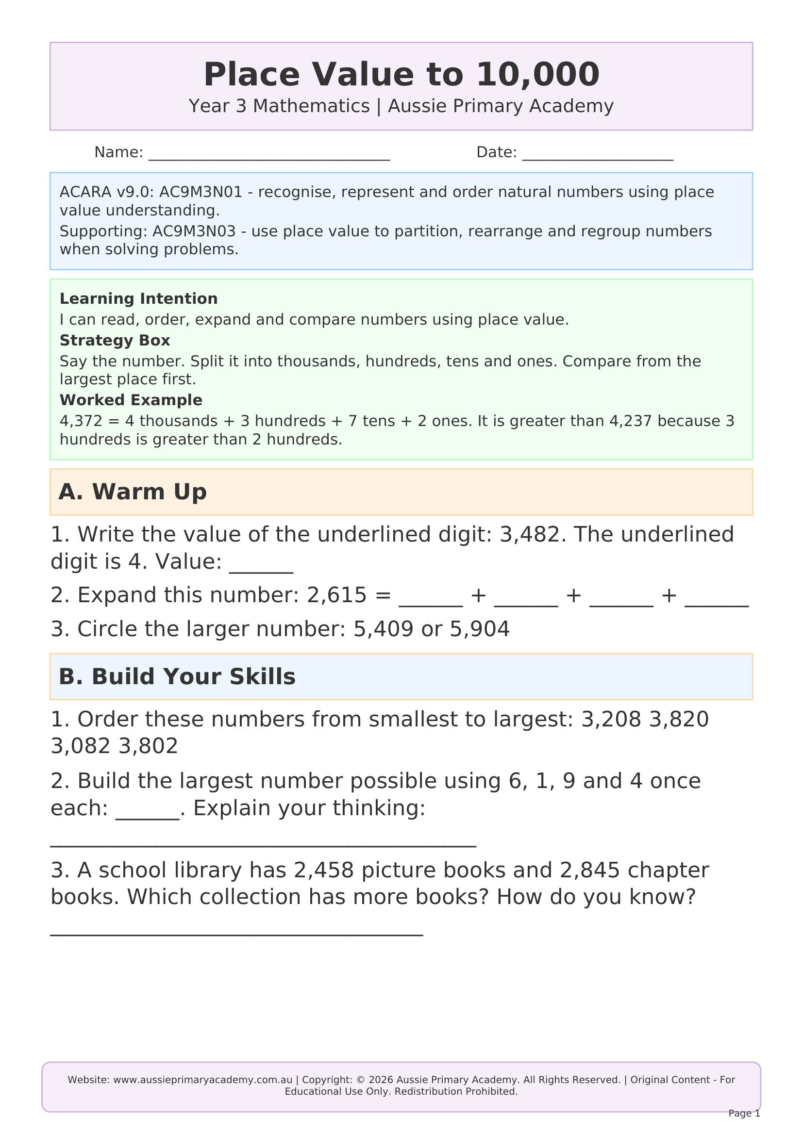 Place Value To 10000 worksheet preview