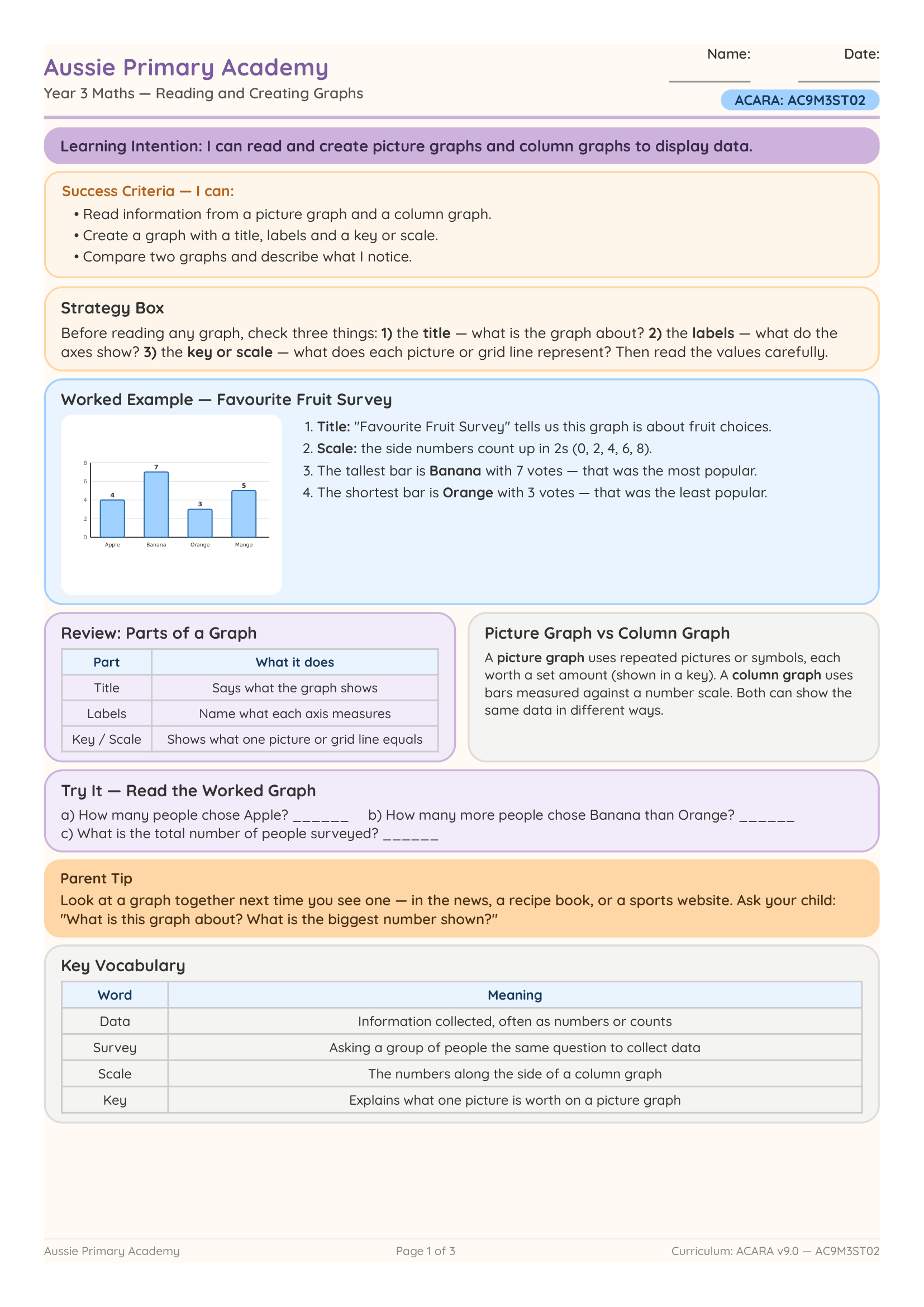 Year 3 Reading and Creating Graphs worksheet preview
