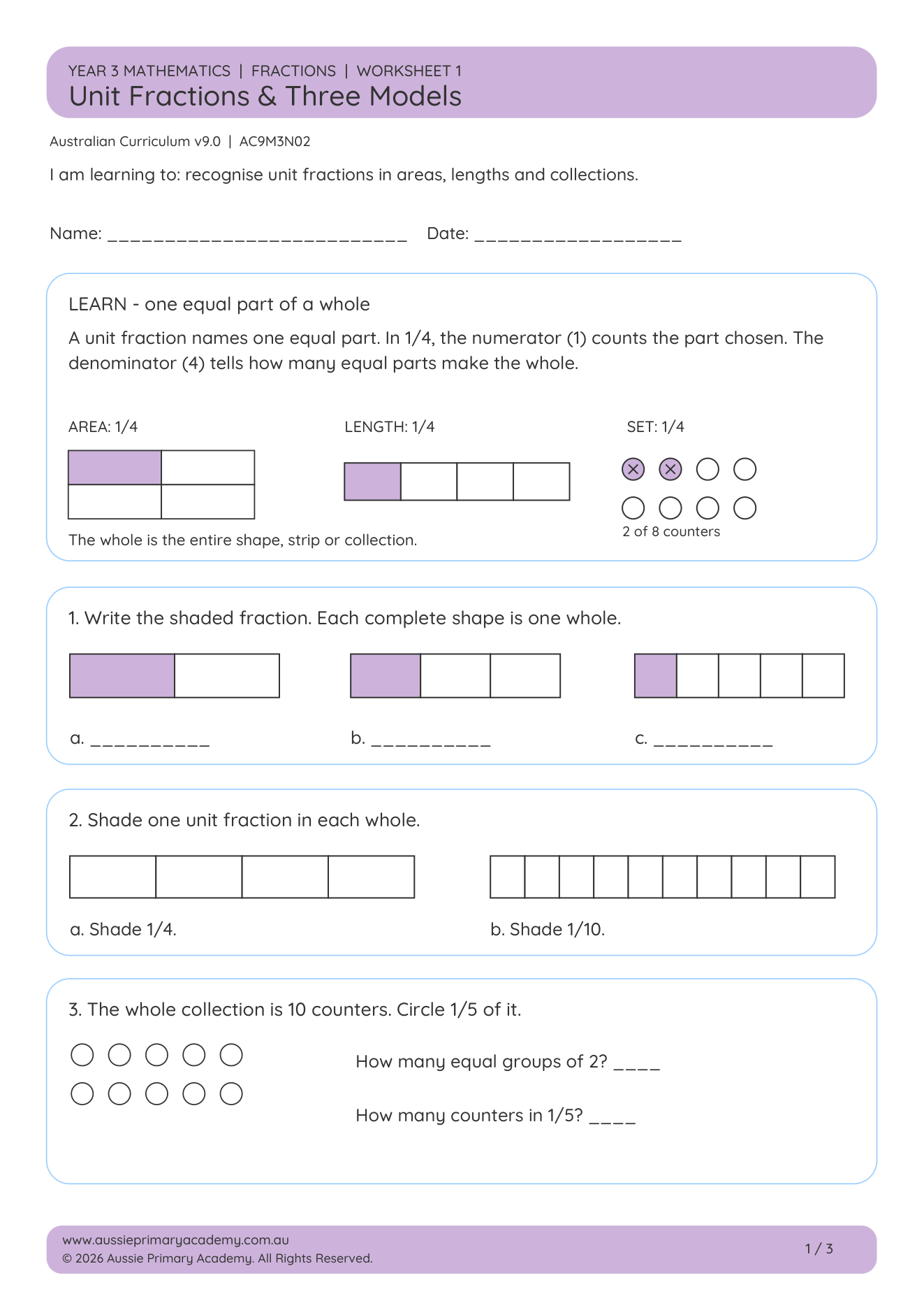 Unit Fractions Three Models worksheet preview