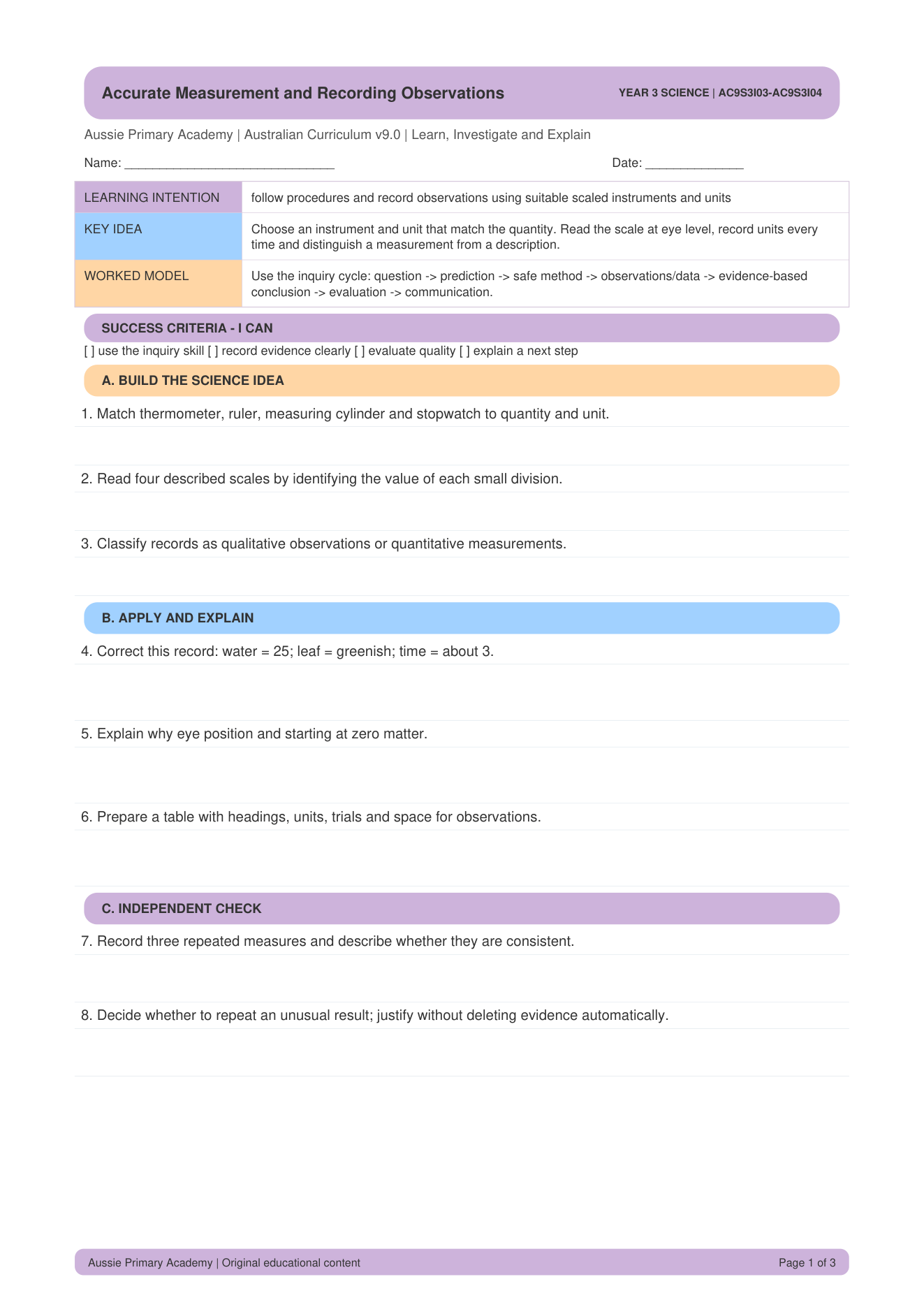 Accurate Measurement And Recording Observations Ac9S3I03 worksheet preview