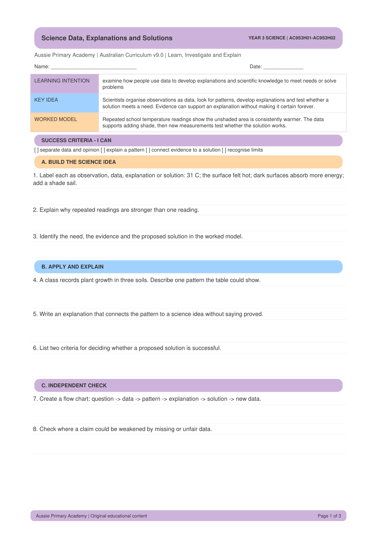 Data Explanations And Solving Problems Ac9S3H01 worksheet preview